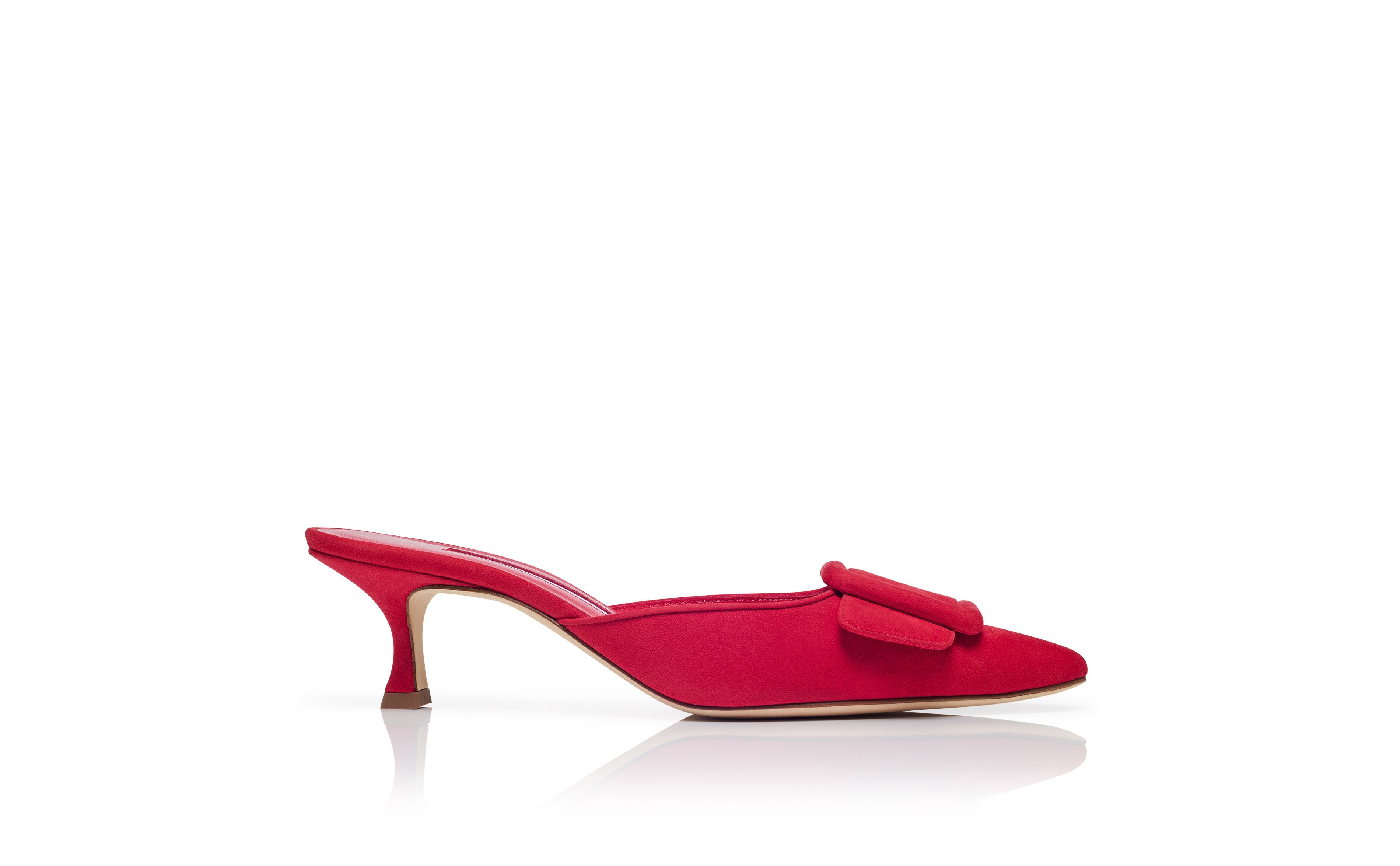 Designer Red Suede Buckle Detail Mules - Image Side View