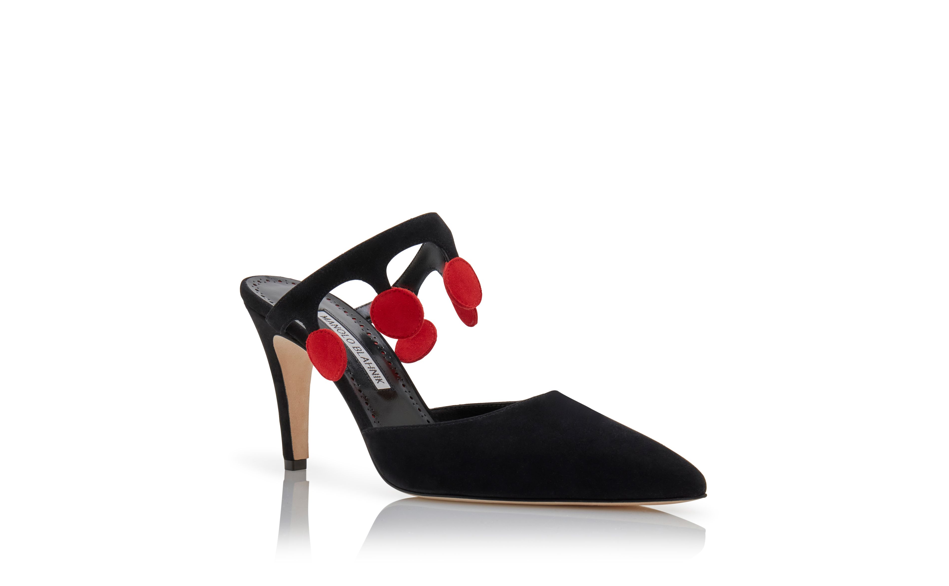 Designer Black and Red Suede Pom Pom Detail Mules - Image Upsell