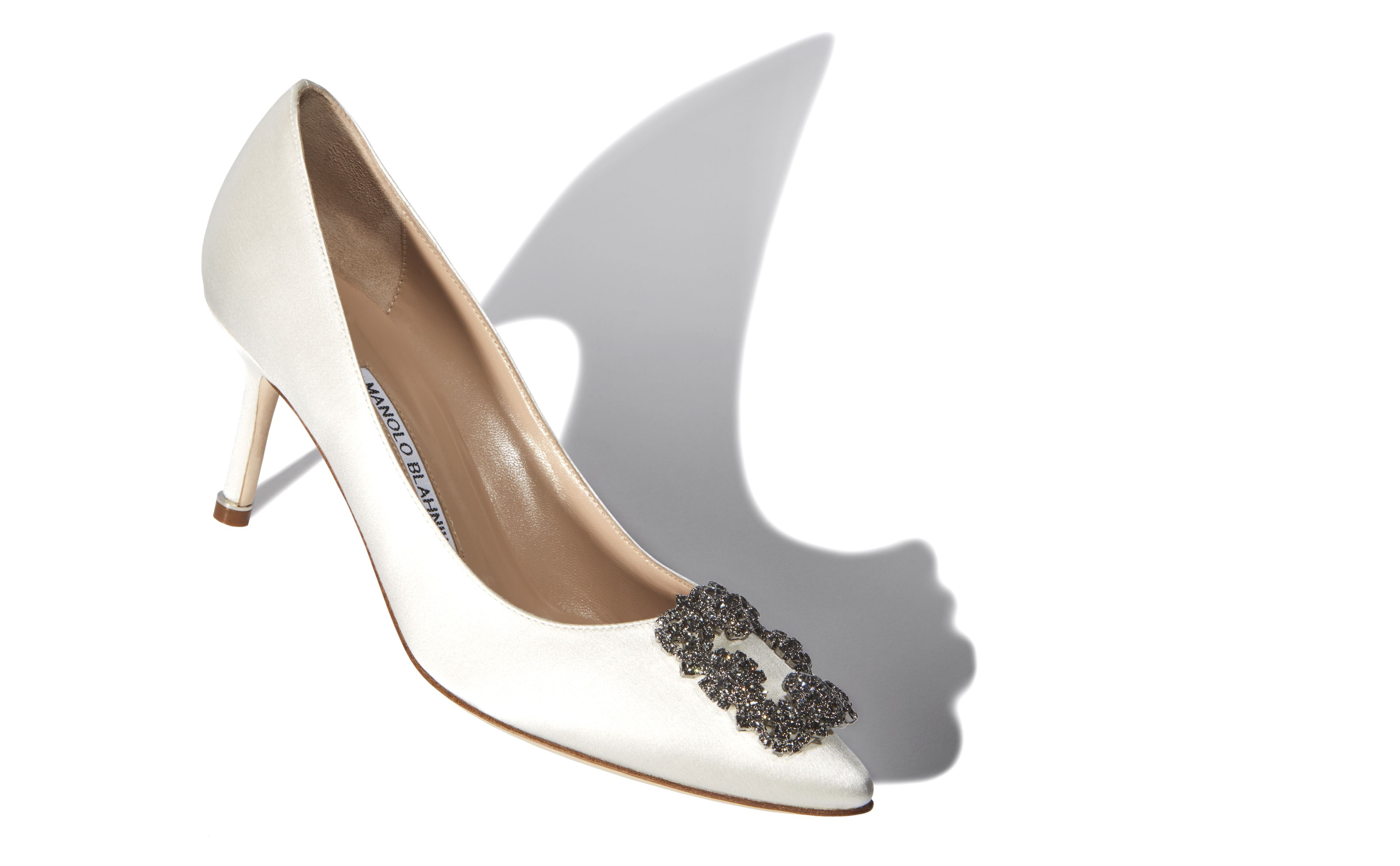 Designer White Satin Jewel Buckle Pumps - Image Main