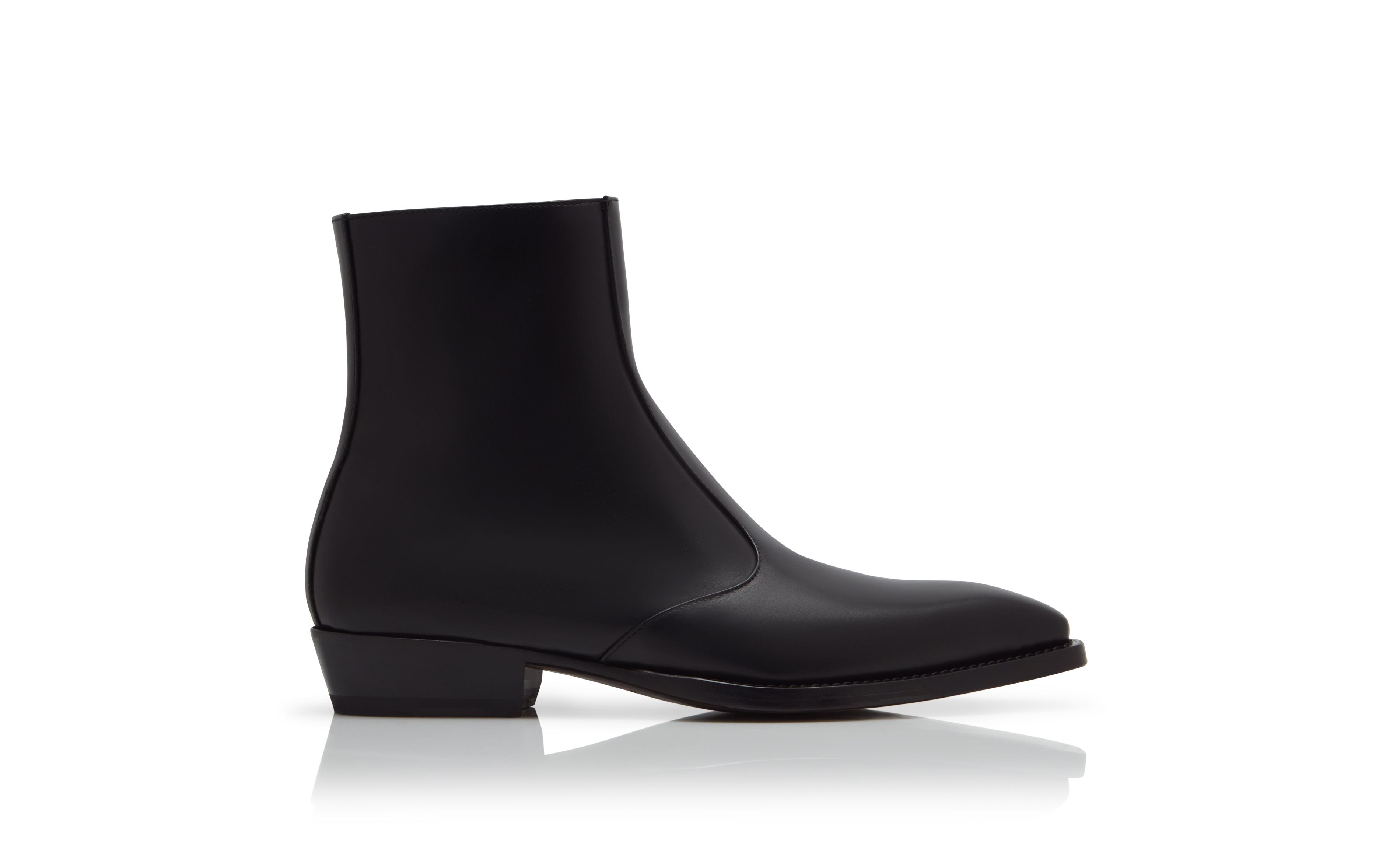 Designer Black Calf Leather Square Toe Boots - Image Side View