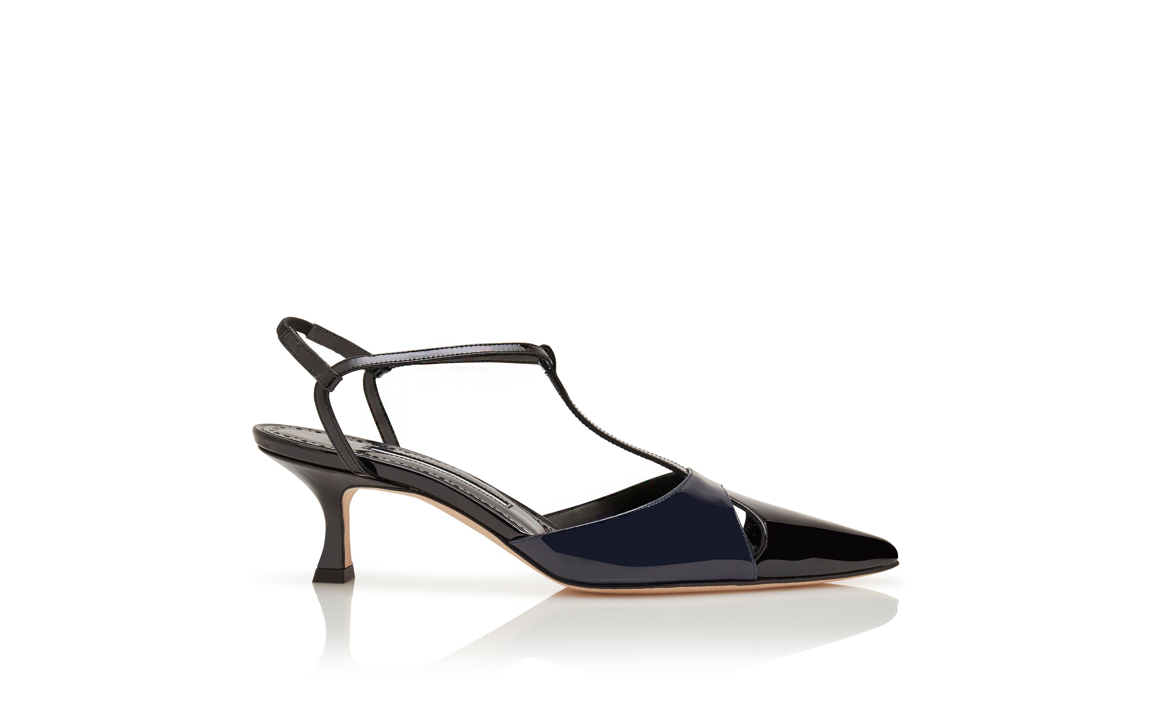 Designer Black and Navy Blue Patent Leather T-Bar Pumps - Image Side View