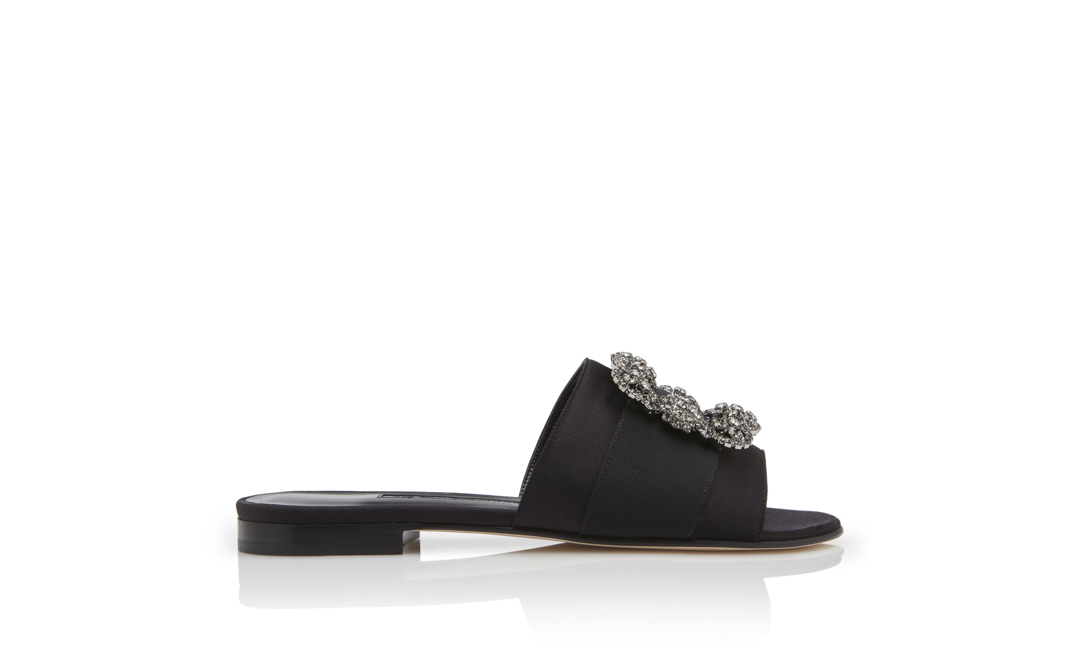 Designer Black Satin Jewel Buckled Sliders - Image Side View