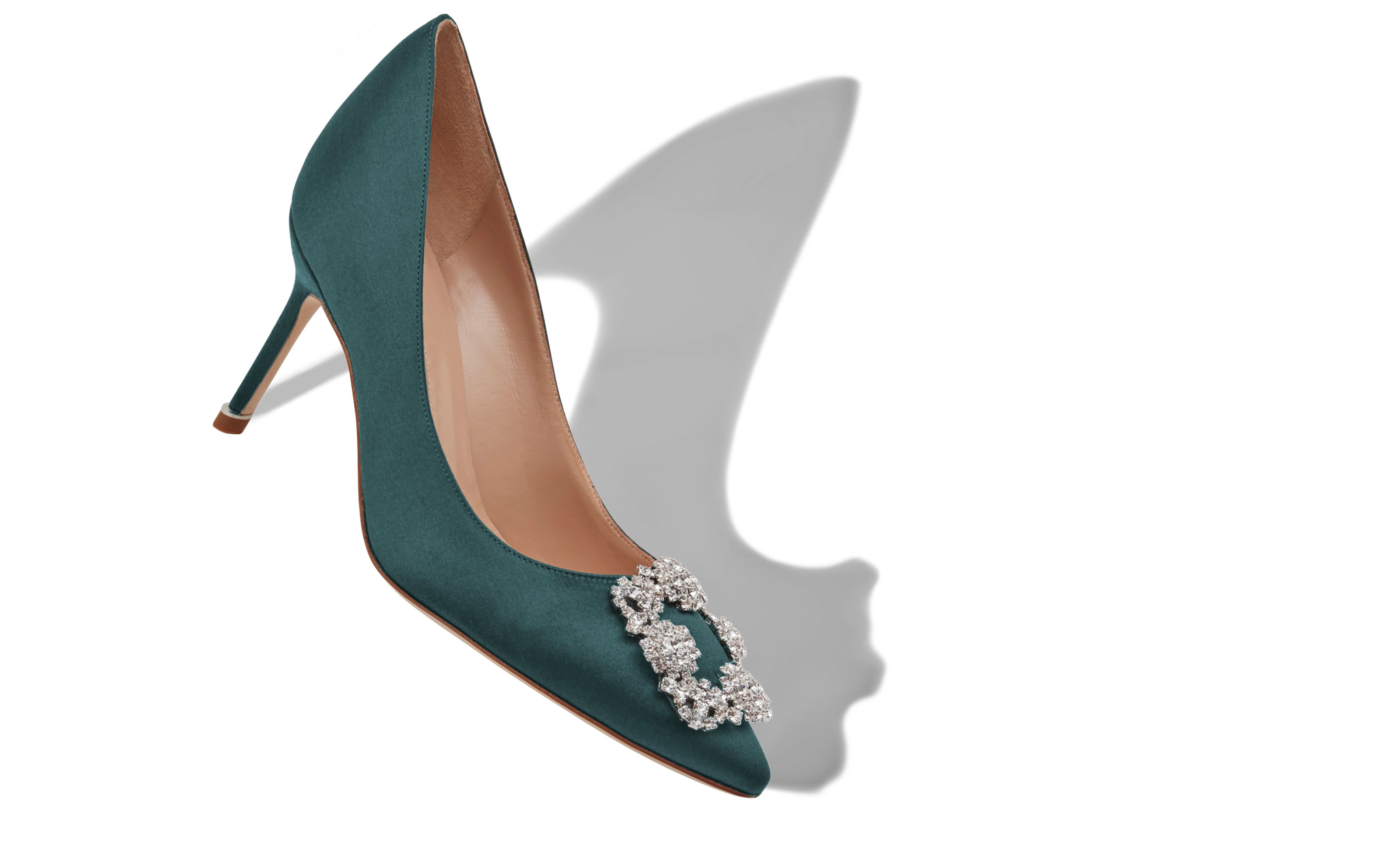 Designer Forest Green Satin Jewel Buckle Pumps - Image small_image