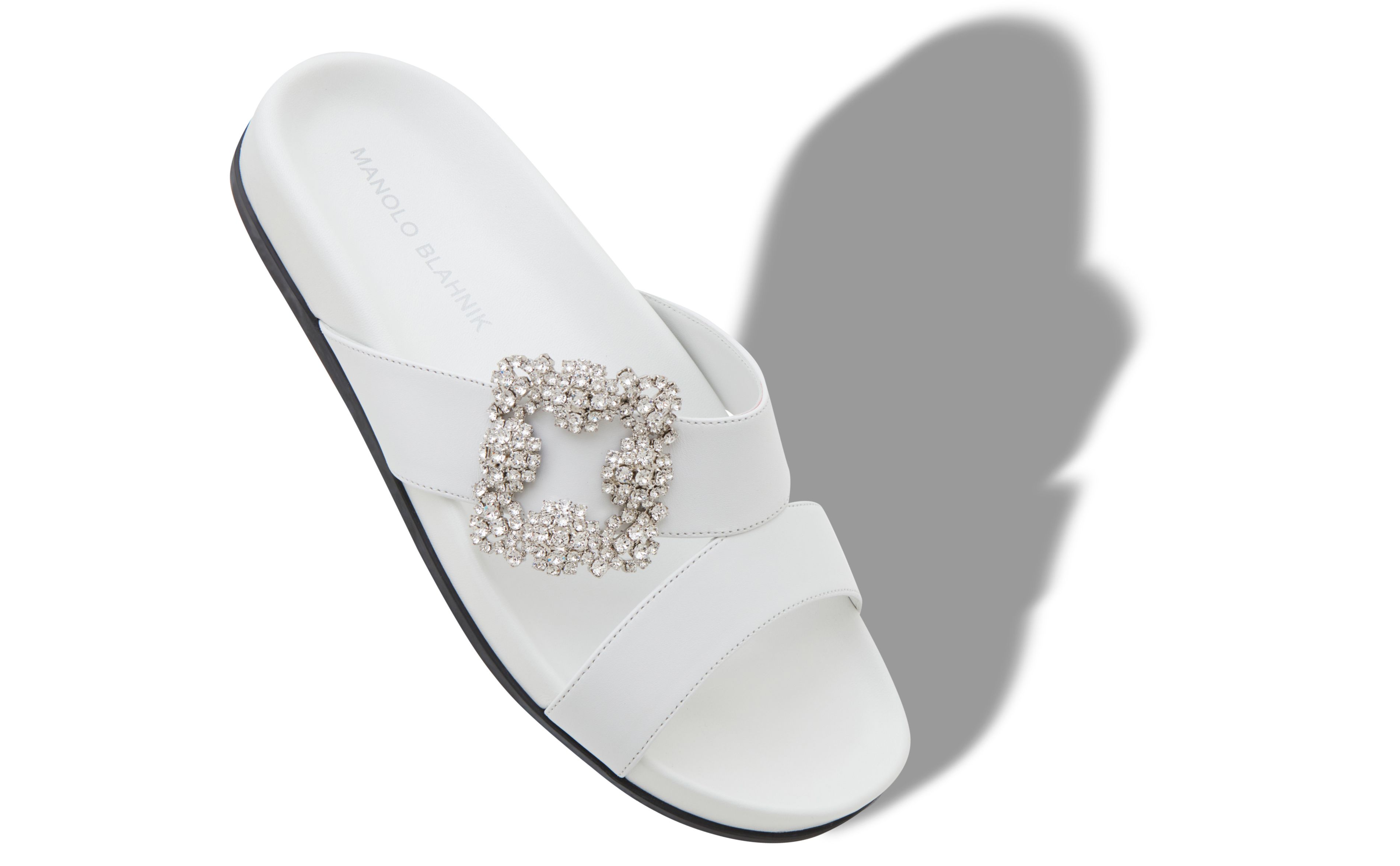 Designer White Calf Leather Jewel Buckle Flat Mules - Image Main