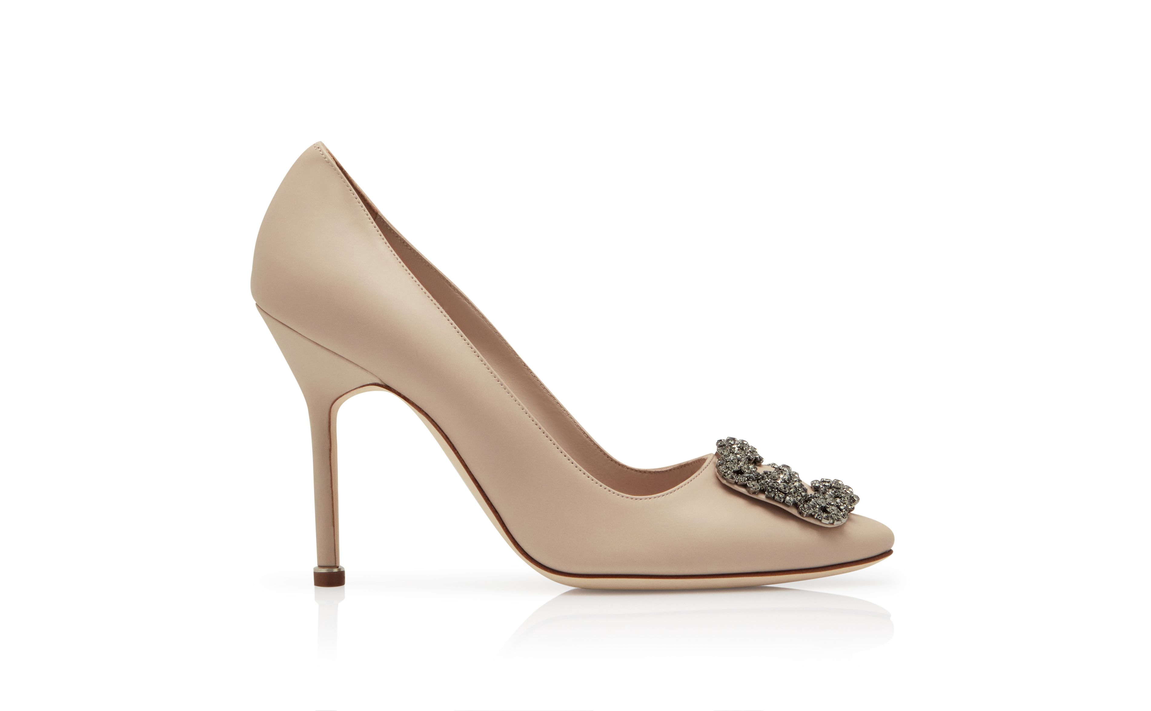 Designer Light Beige Calf Leather Jewel Buckle Pumps - Image Side View