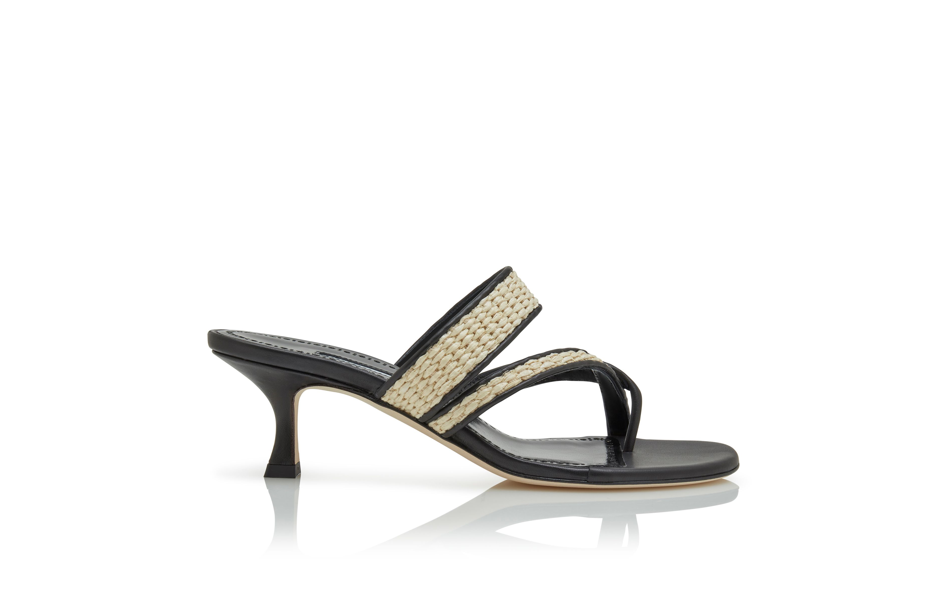 Designer Black and Beige Raffia Sandals  - Image Side View