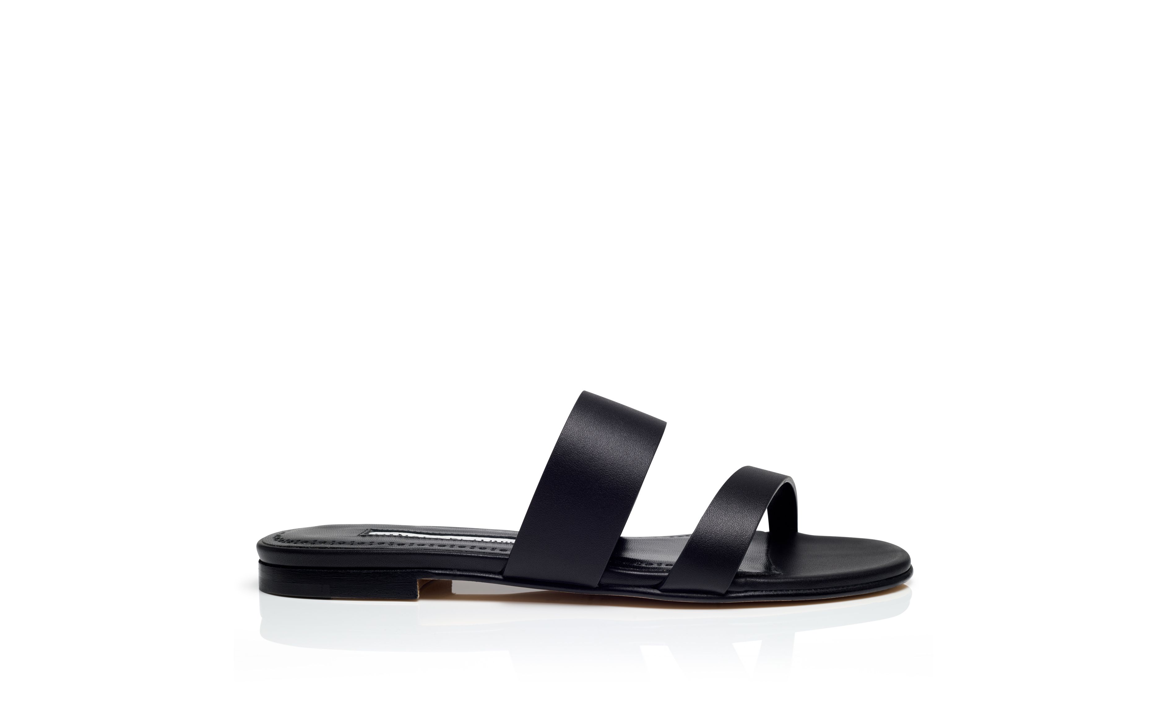 Designer Black Calf Leather Flat Sandals - Image Side View