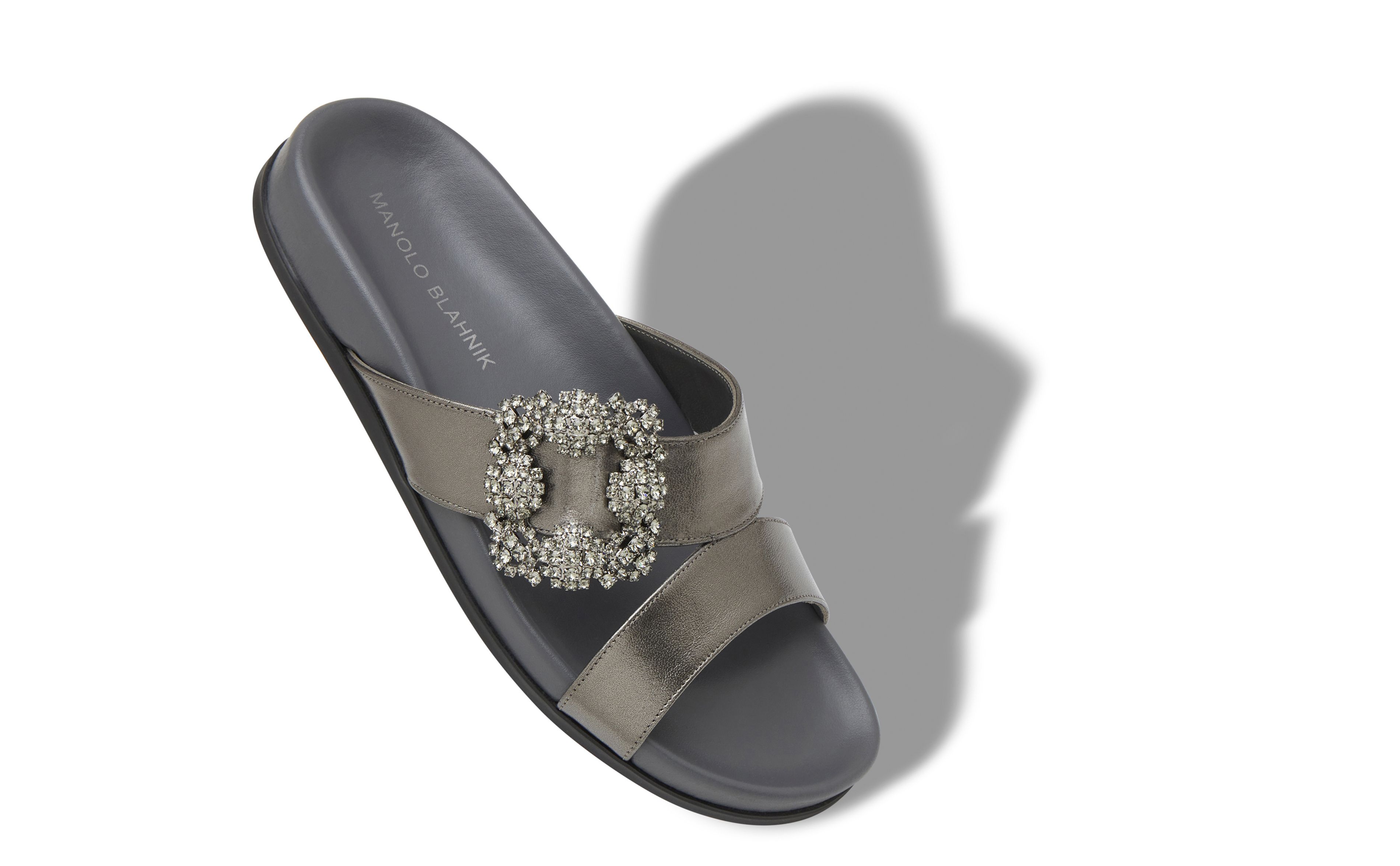 Designer Graphite Nappa Leather Jewel Buckle Flat Mules - Image Main