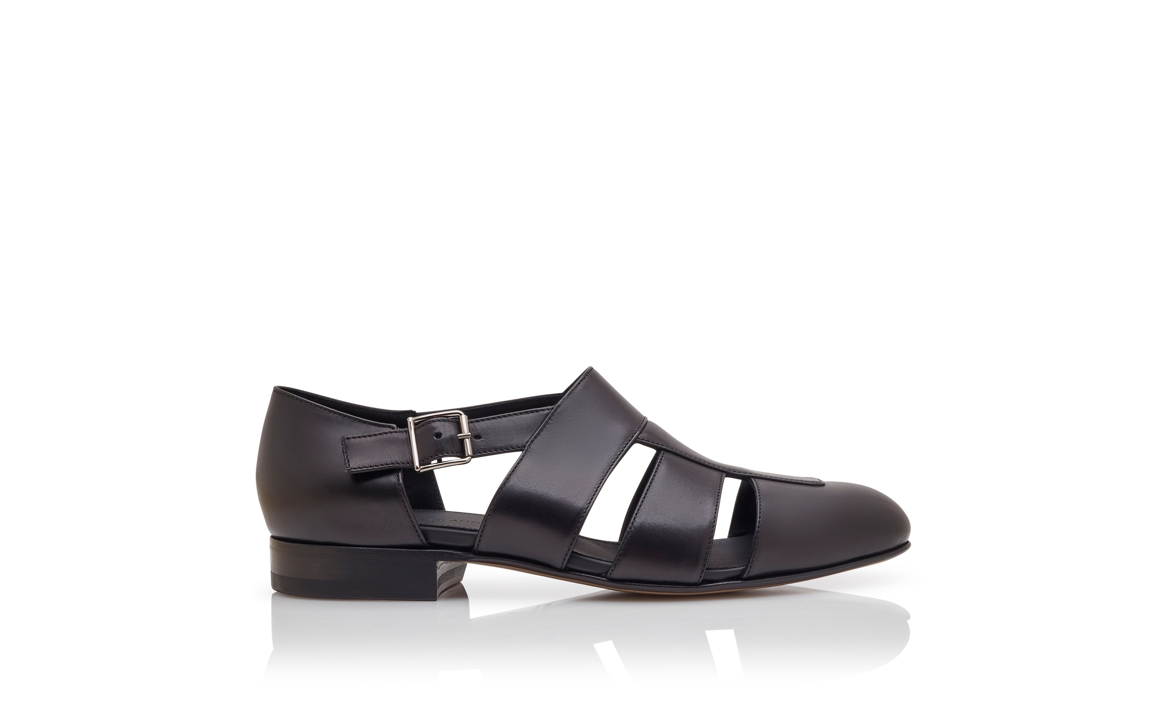 Designer Black Calf Leather Sandals - Image Side View