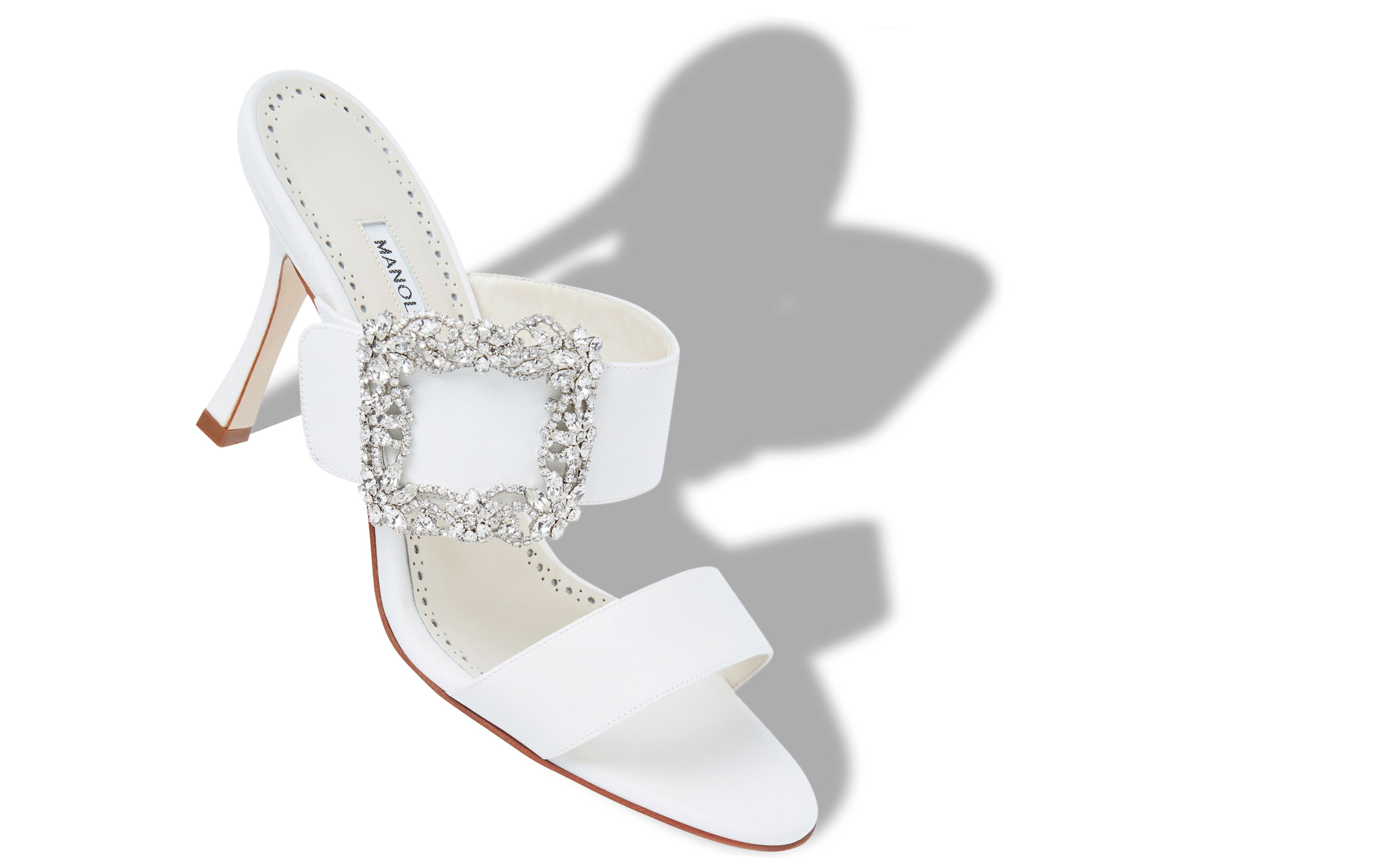 Designer White Crepe de Chine Jewel Buckle Mules - Image Main