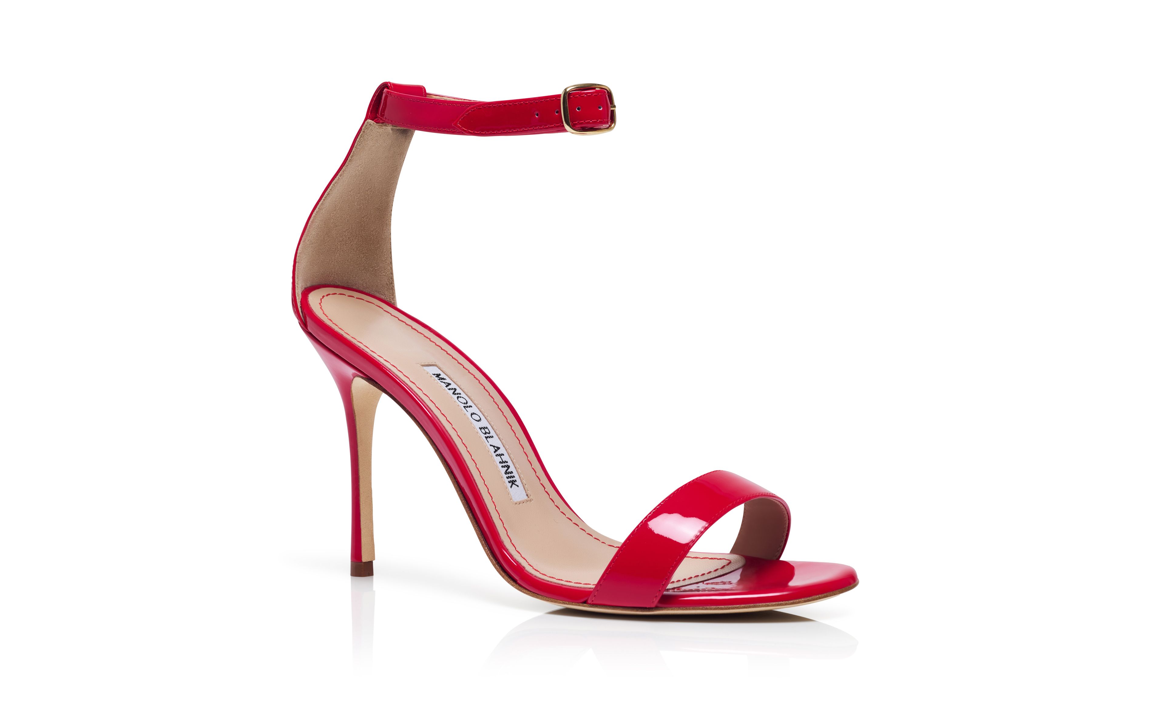 Designer Red Patent Leather Ankle Strap Sandals - Image Upsell View