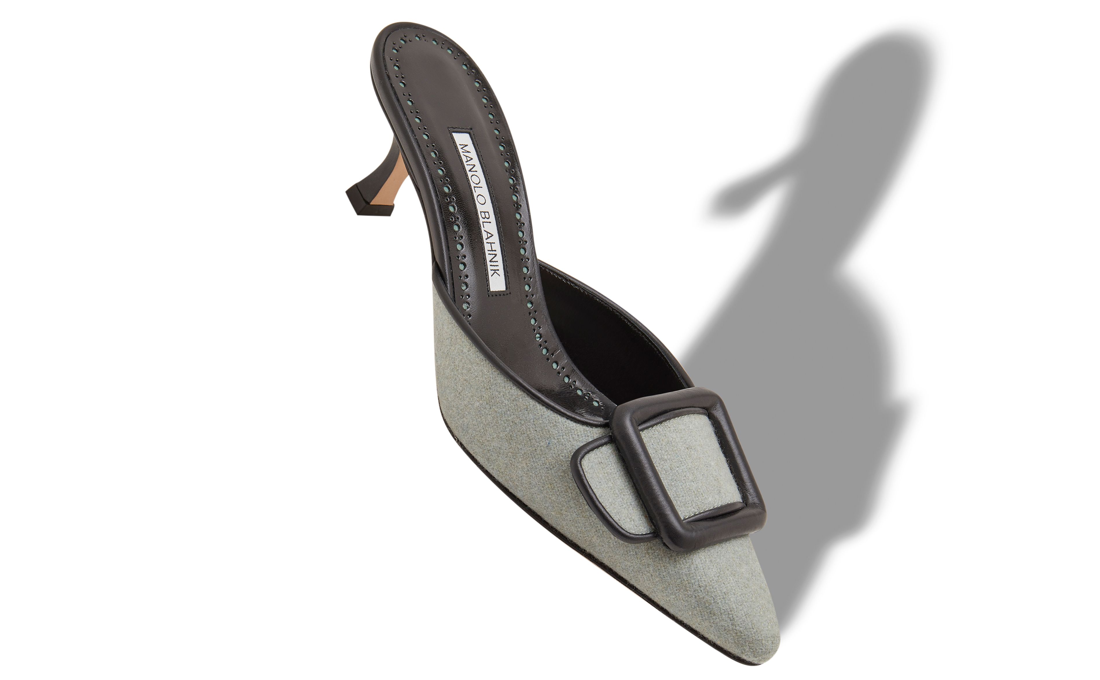 Designer Light Green and Black Wool Buckle Detail Mules - Image Main View