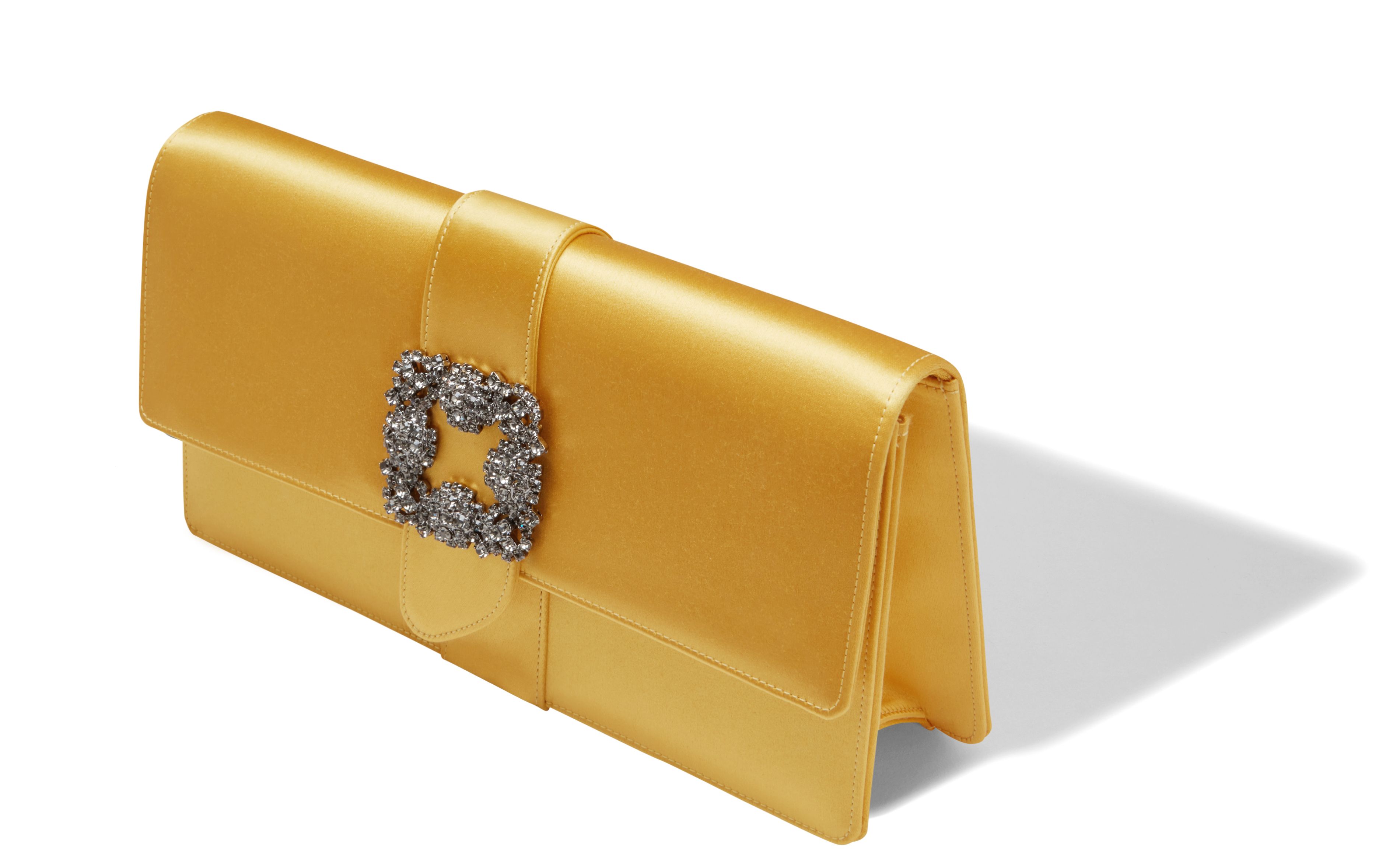 Manolo Blahnik Capri Yellow Satin Jewel Buckle Clutch Designer Clutch Bag