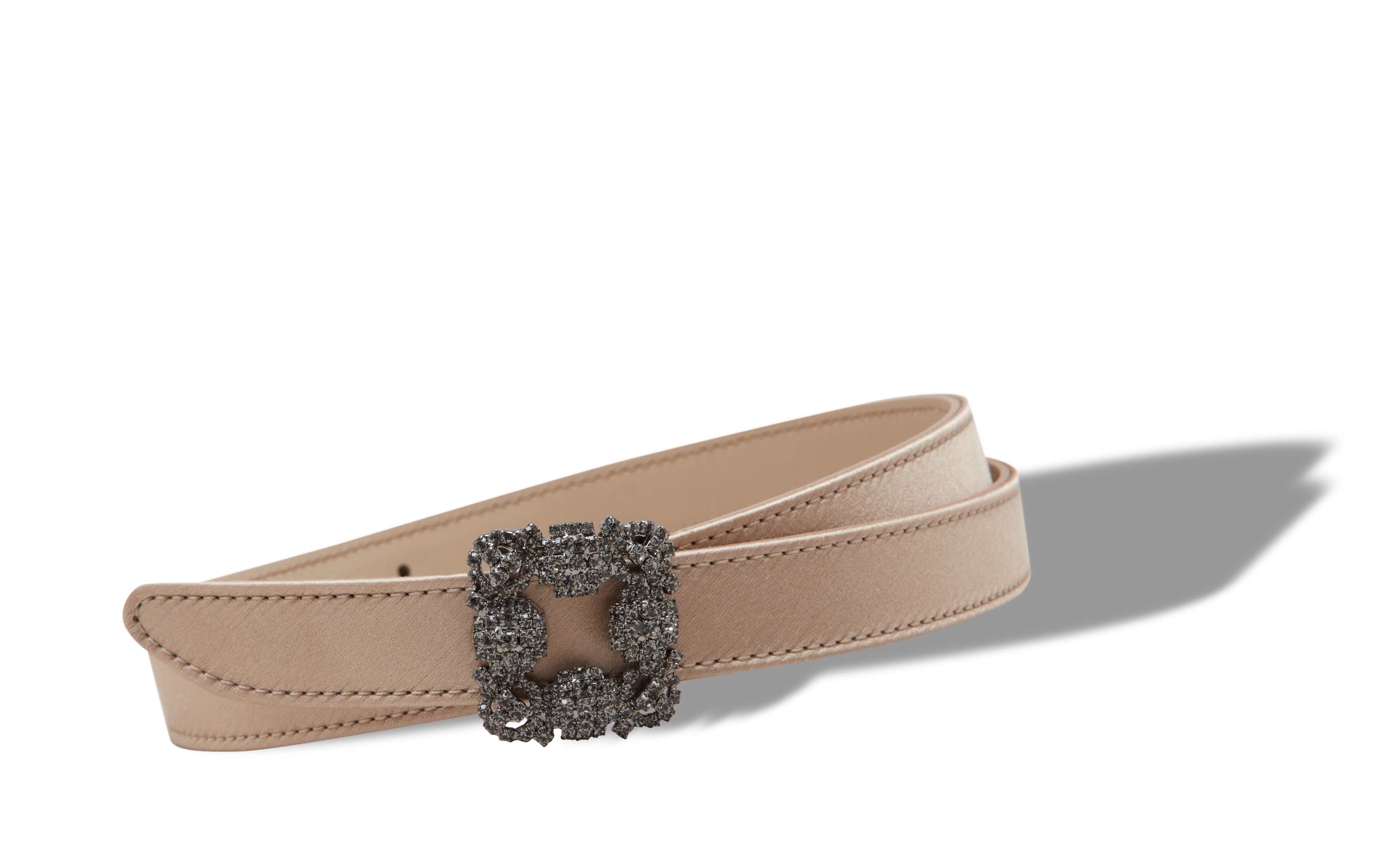 Designer Light Beige Satin Crystal Buckled Belt - Image Main