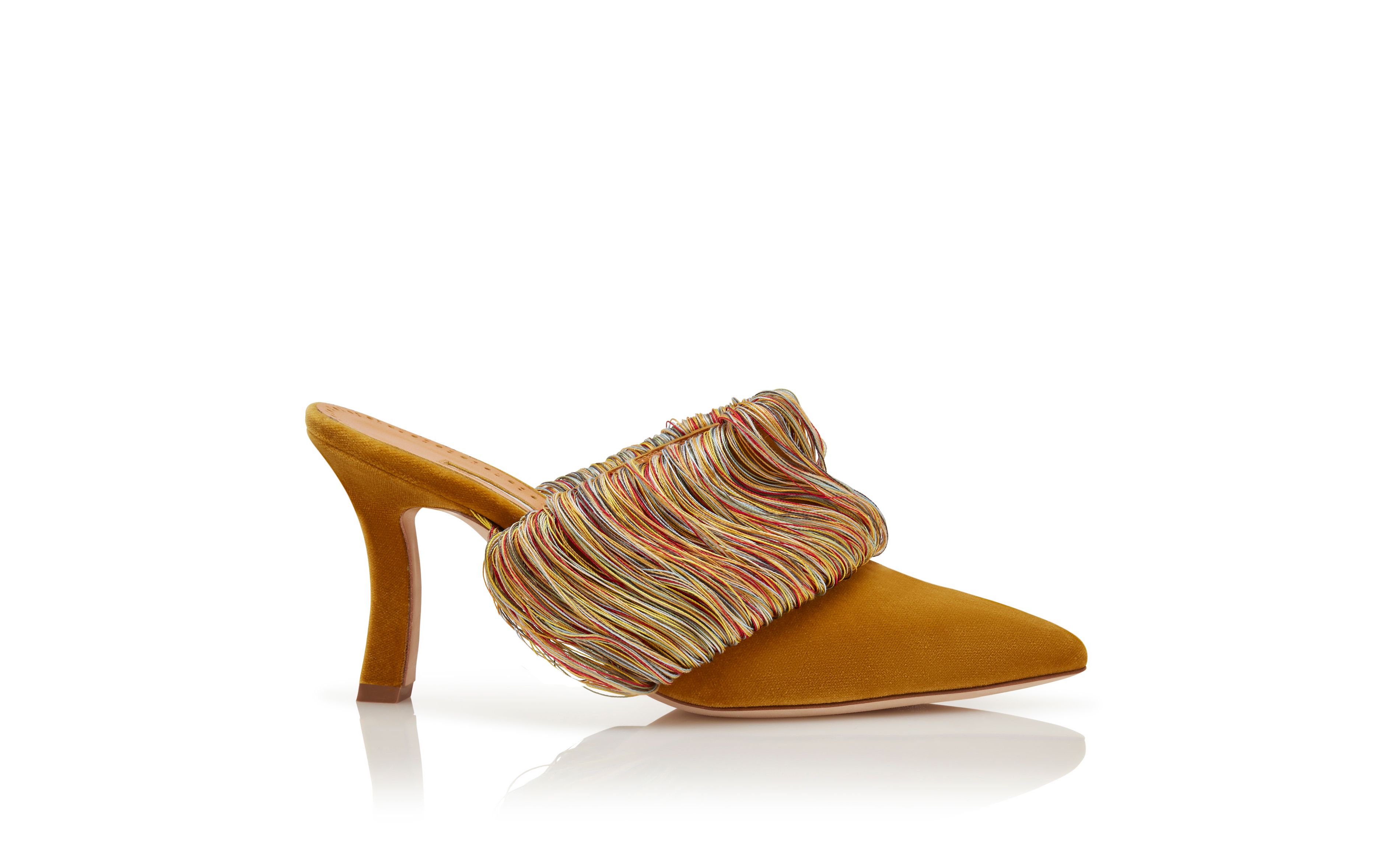 Designer Gold Velvet Fringe Detail Mules - Image Side View