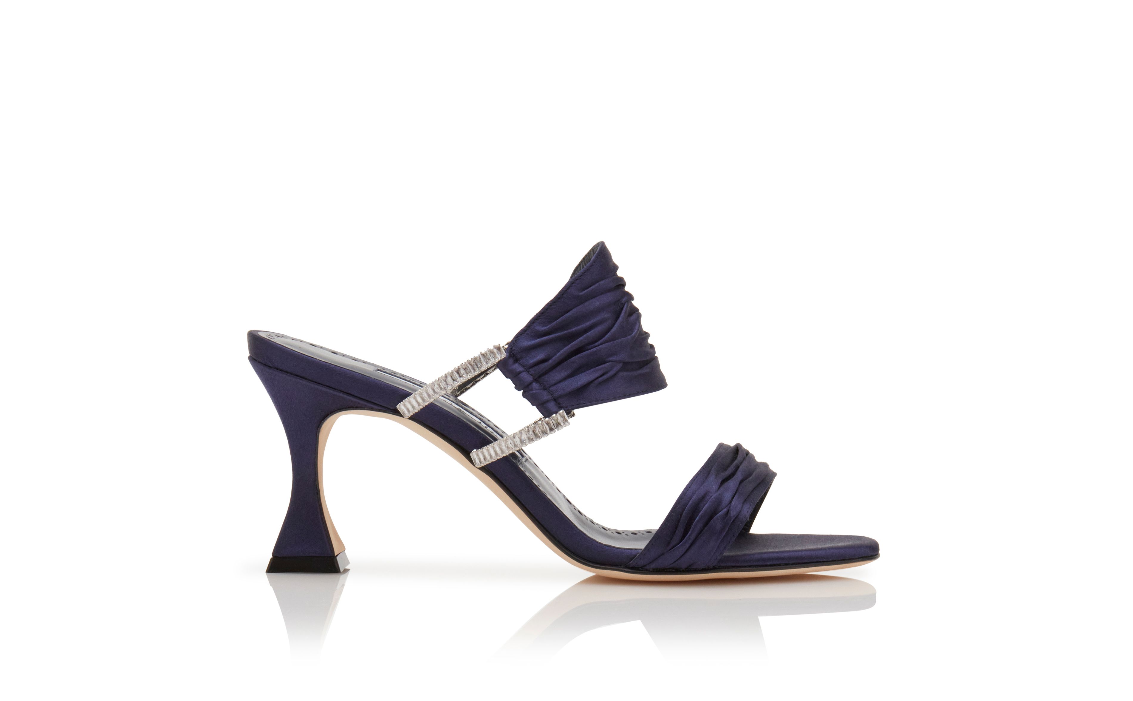Designer Navy Blue Satin Gathered Mules - Image Side View