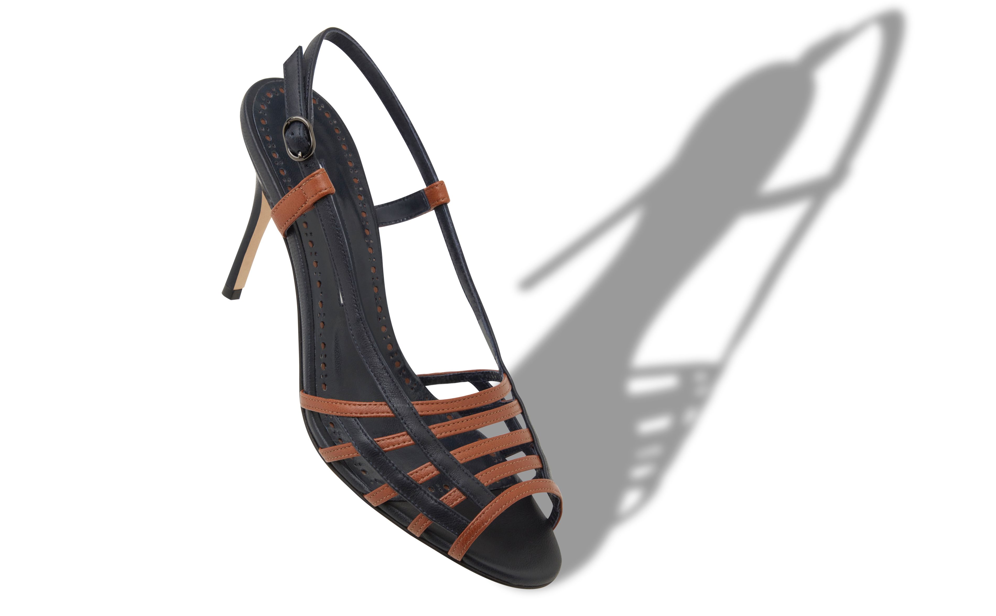 Designer Brown and Navy Nappa Leather Slingback Sandals - Image Main