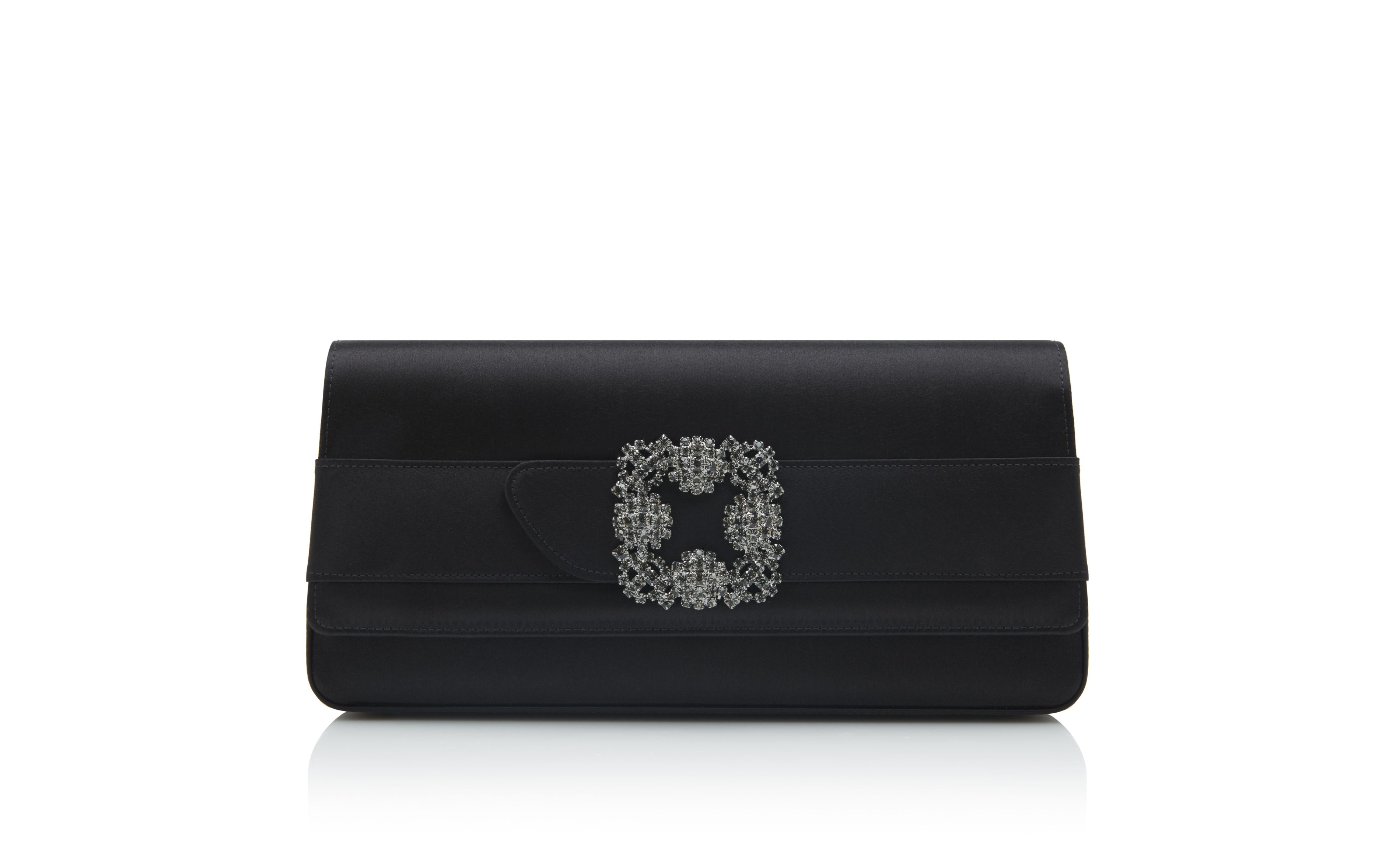 Designer Black Satin Jewel Buckle Clutch - Image Side View