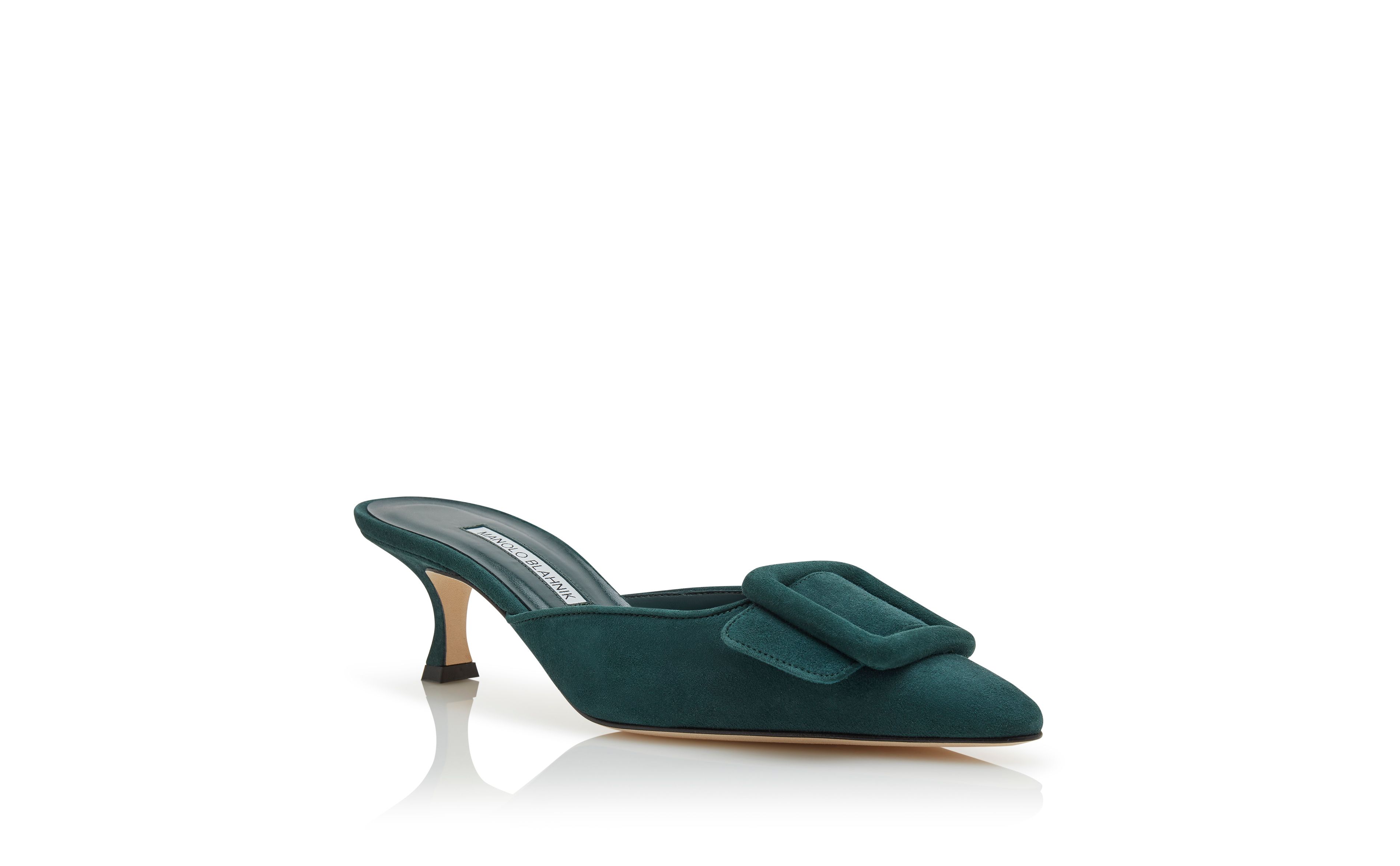 Designer Dark Green Suede Buckle Detail Mules - Image Upsell View