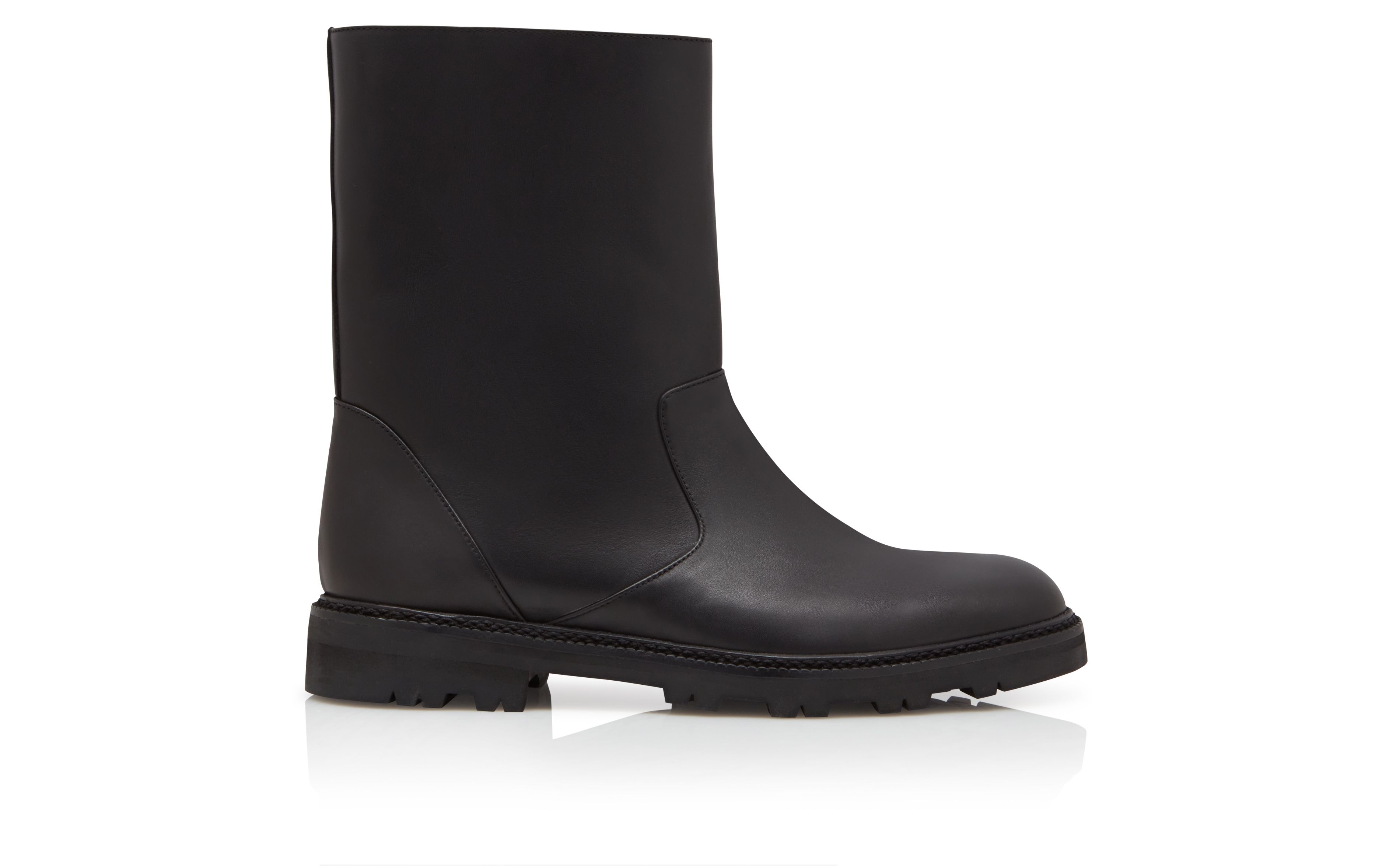 Designer Black Calf Leather Mid Calf Boots - Image Side View
