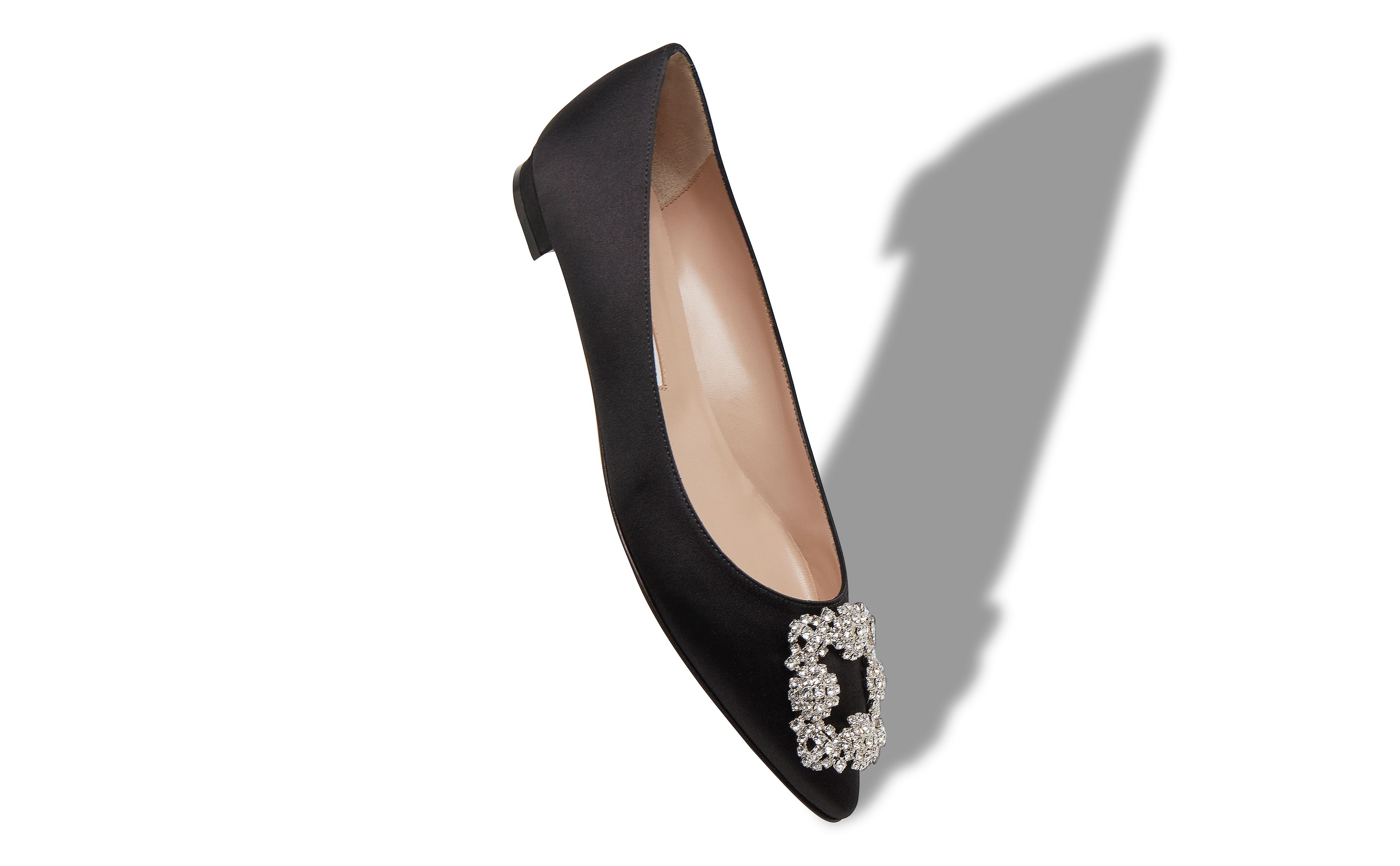 Designer Black Satin Jewel Buckle Flat Pumps - Image Main