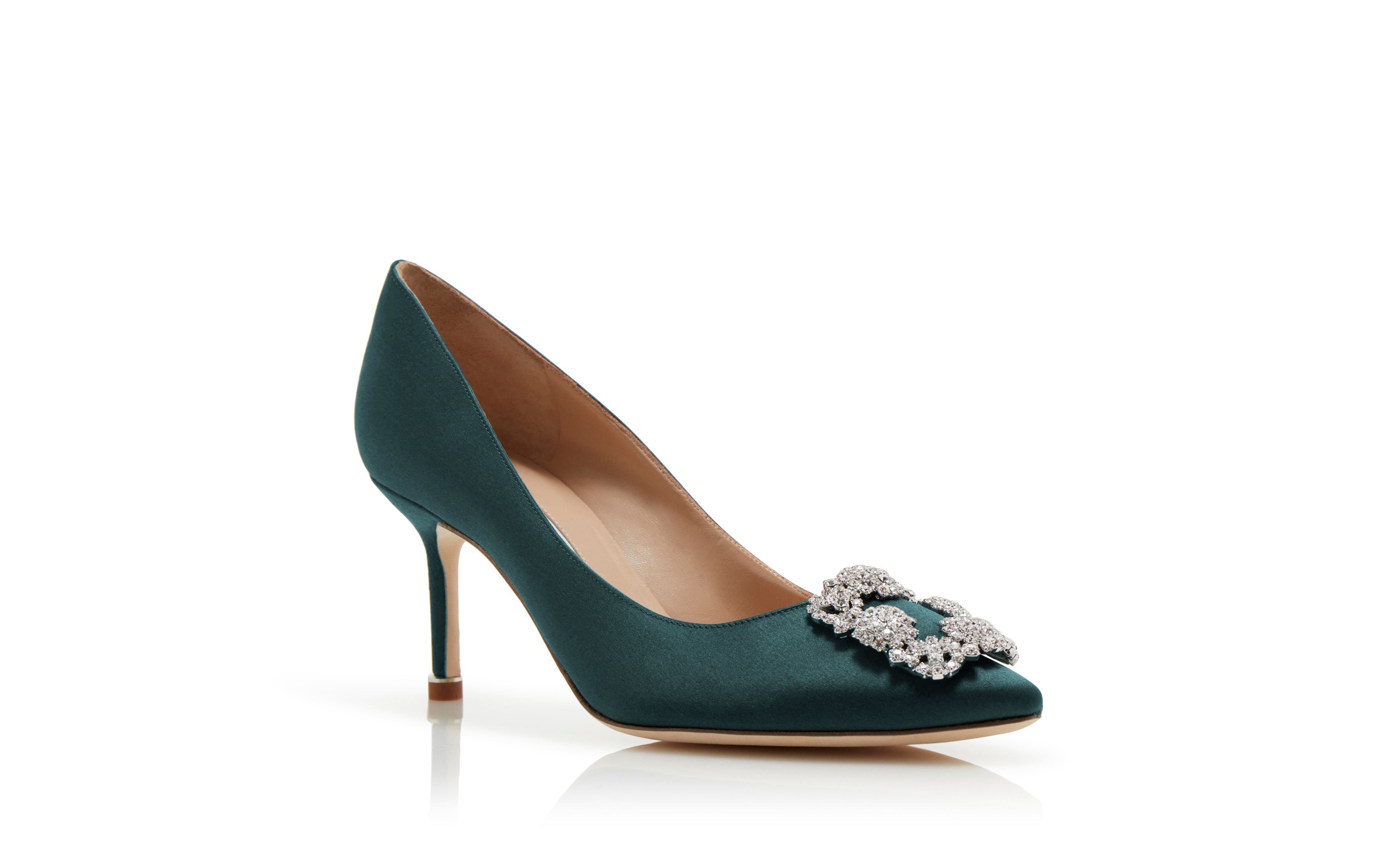 Designer Forest Green Satin Jewel Buckle Pumps - Image Upsell