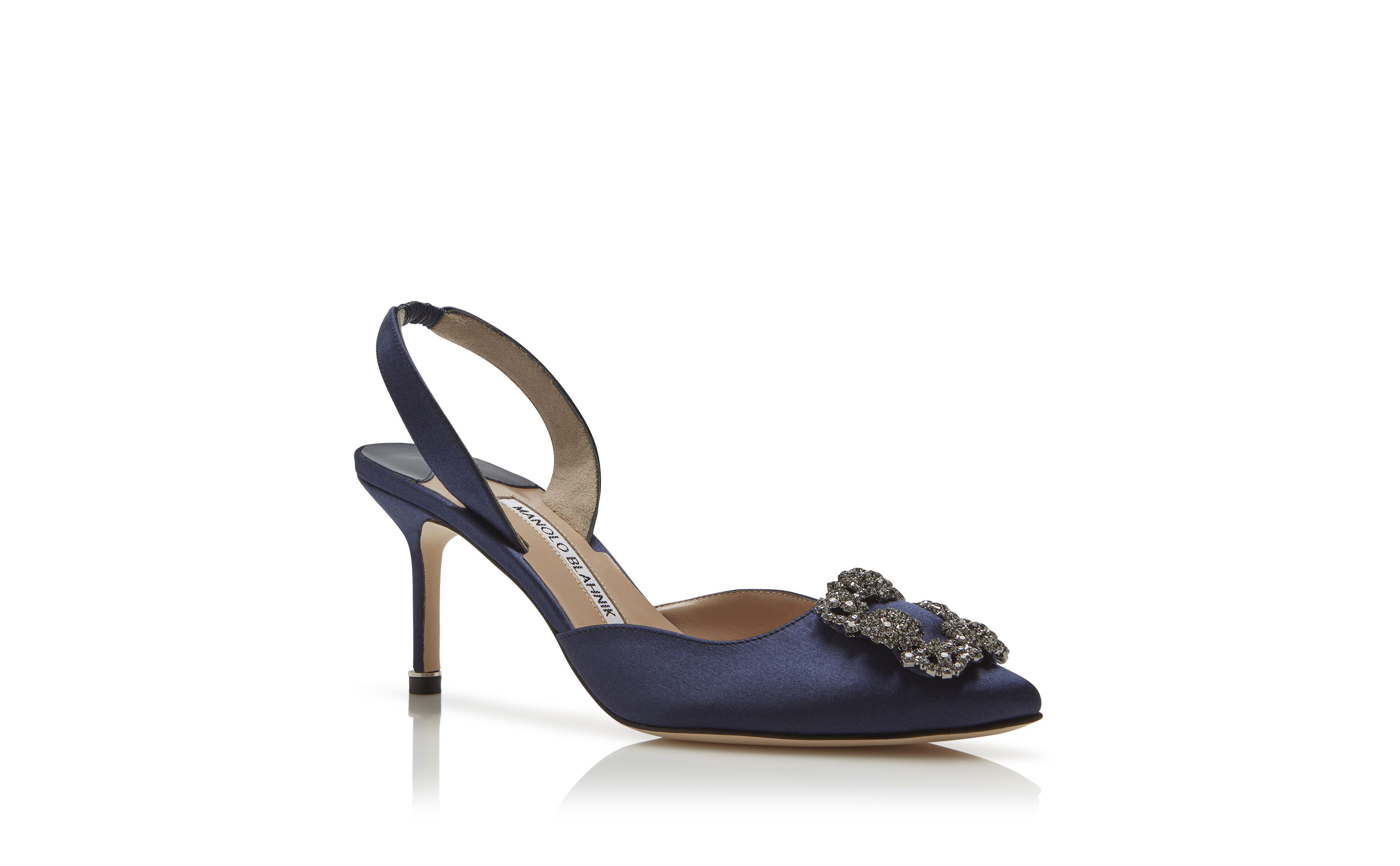 Designer Navy Blue Satin Jewel Buckle Slingback Pumps - Image Upsell