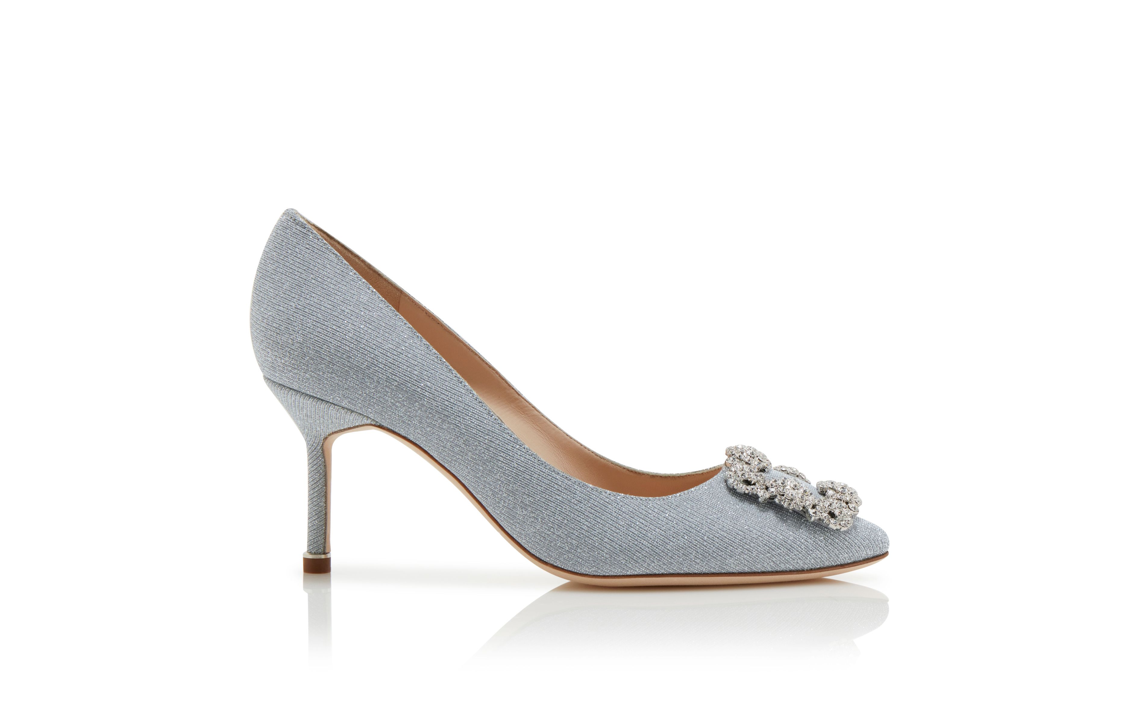 Designer Silver Glitter Fabric Jewel Buckle Pumps - Image Side View
