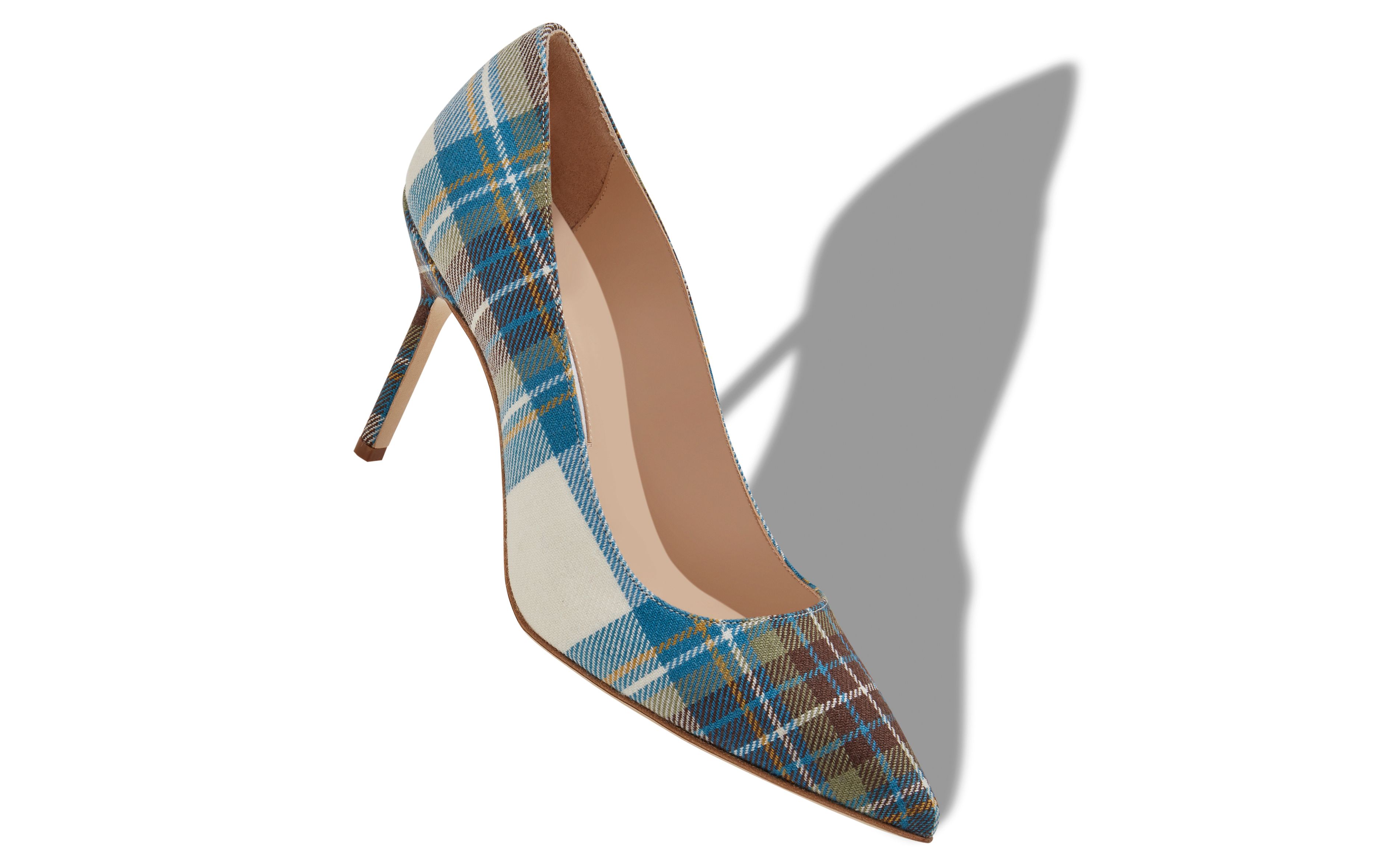 Designer Blue Wool Tartan Pointed Toe Pumps - Image Main View