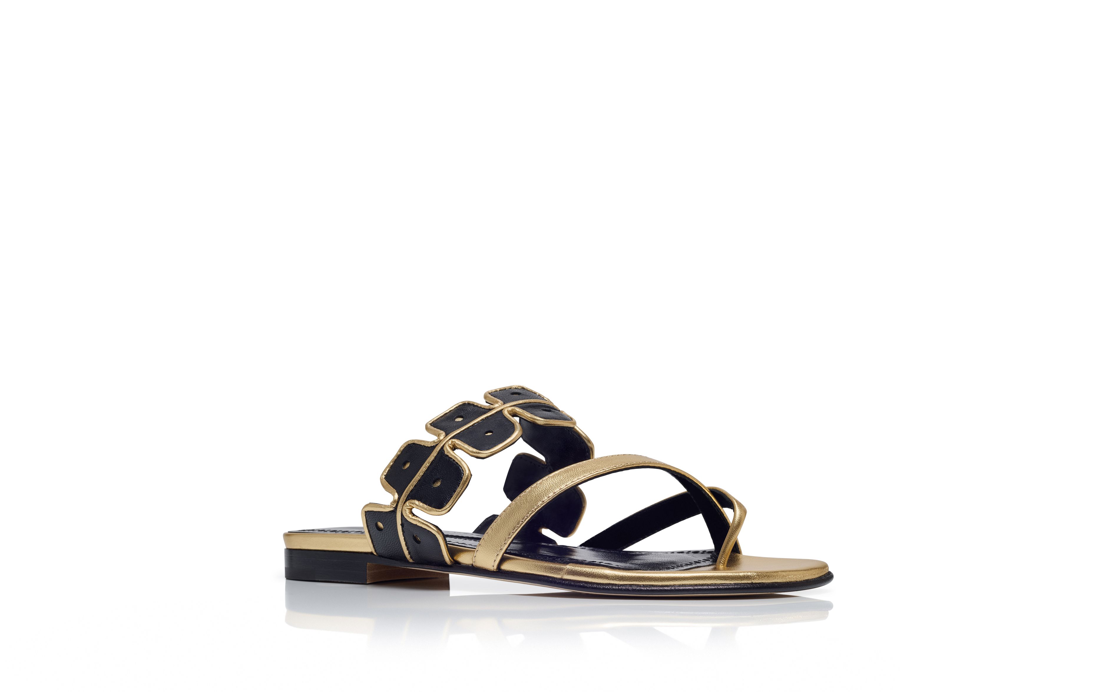 Designer Gold and Black Nappa Leather Flat Sandals - Image Upsell View