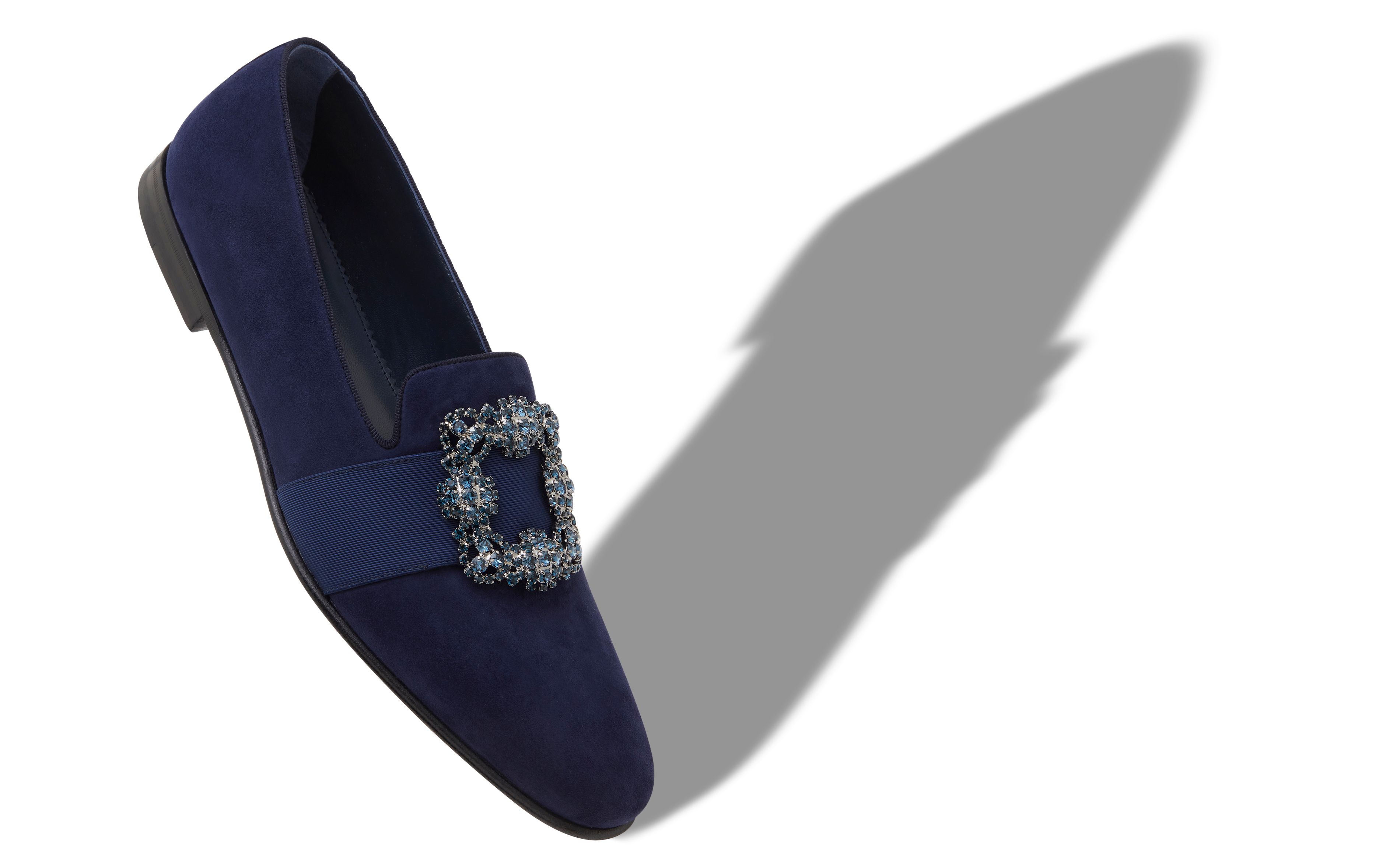Designer Navy Blue Suede Jewelled Buckle Loafers  - Image Main
