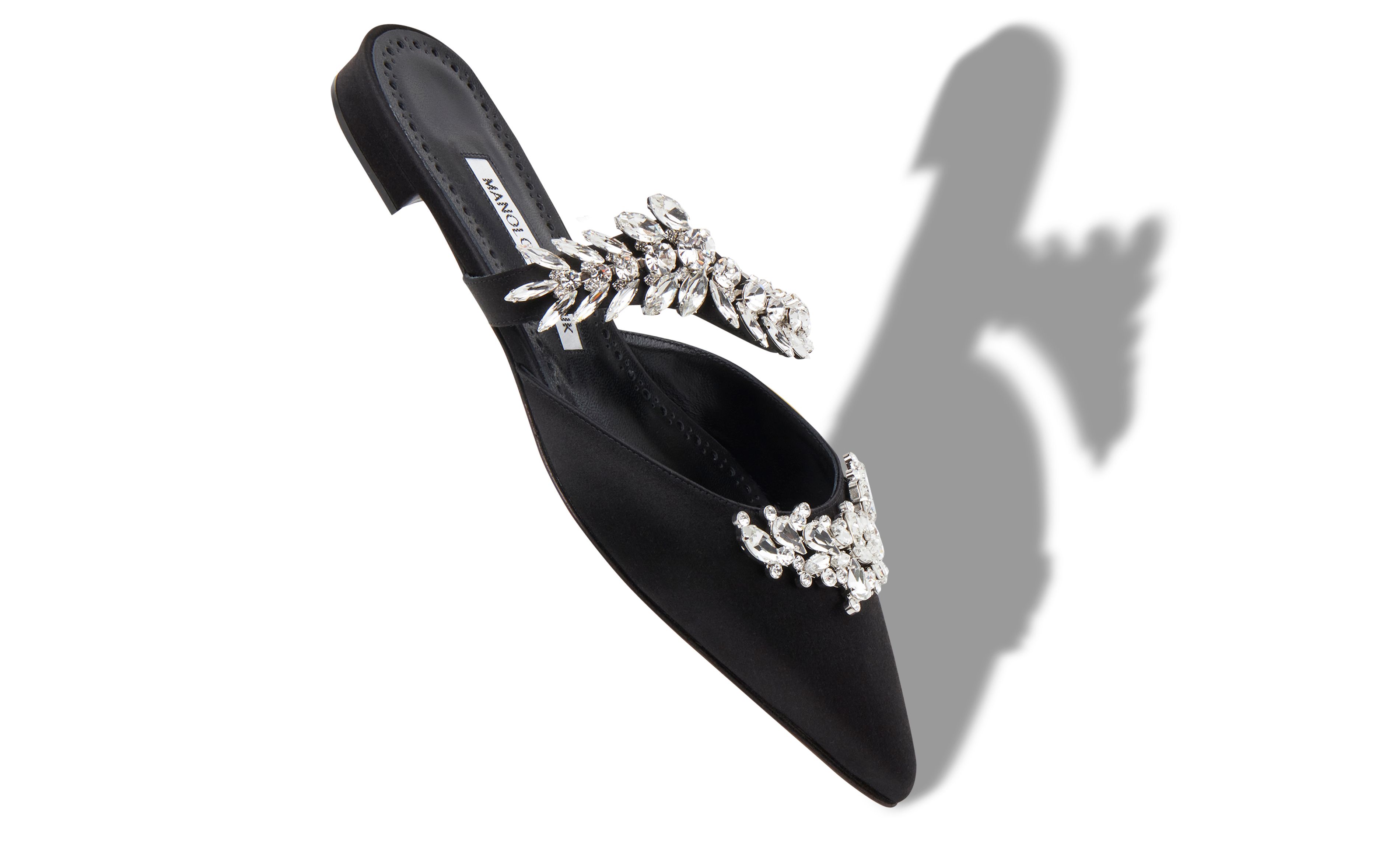 Designer Black Satin Crystal Embellished Flat Mules - Image Main