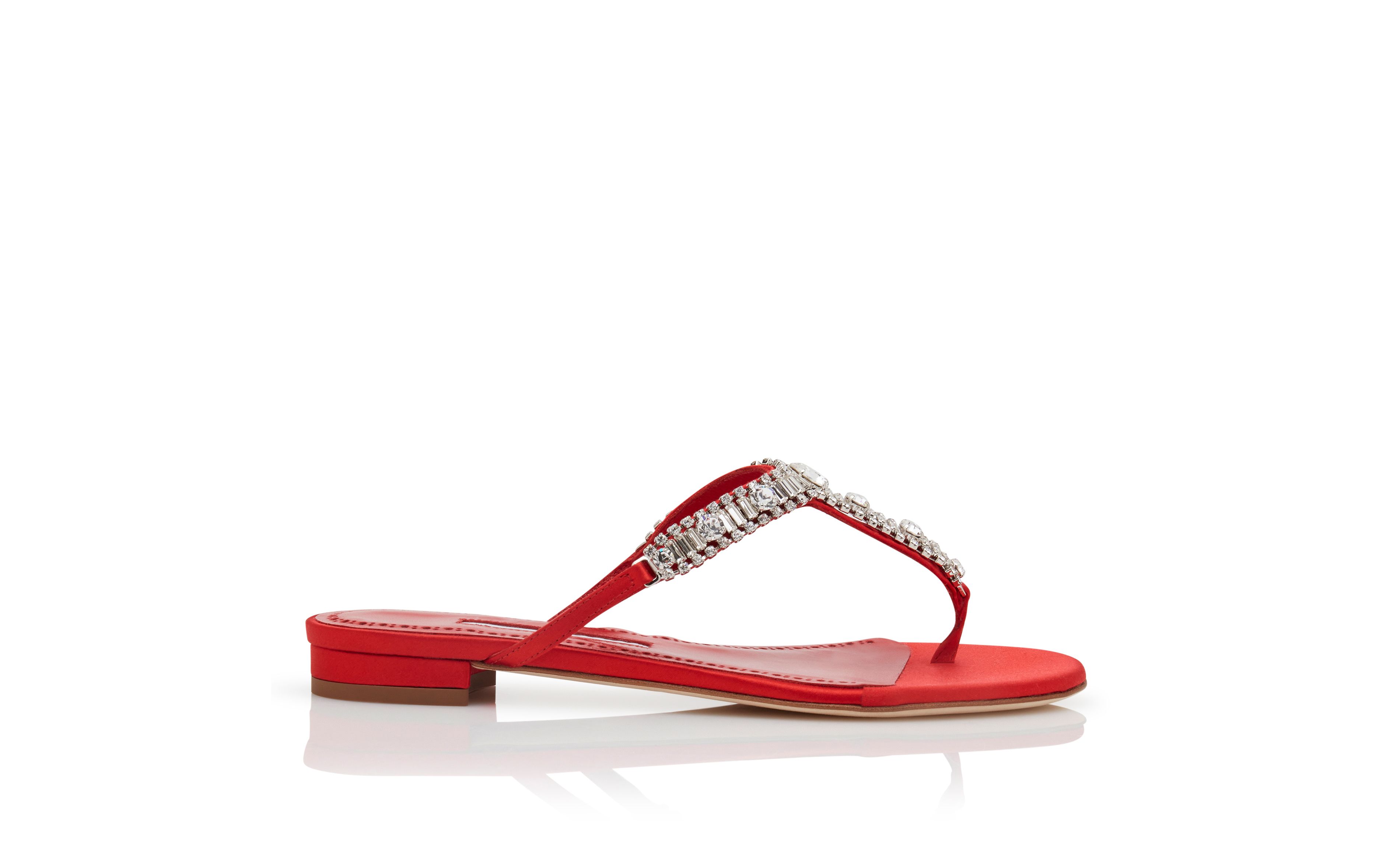Designer Red Satin Jewel Embellished Flat Sandals - Image Side View