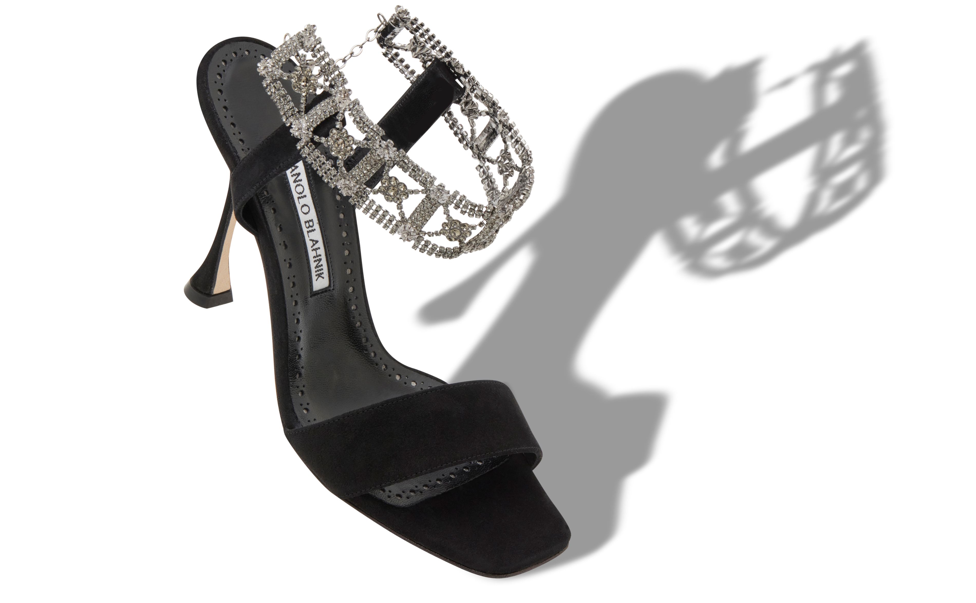 Designer Black Suede Embellished Ankle Strap Sandals - Image Main