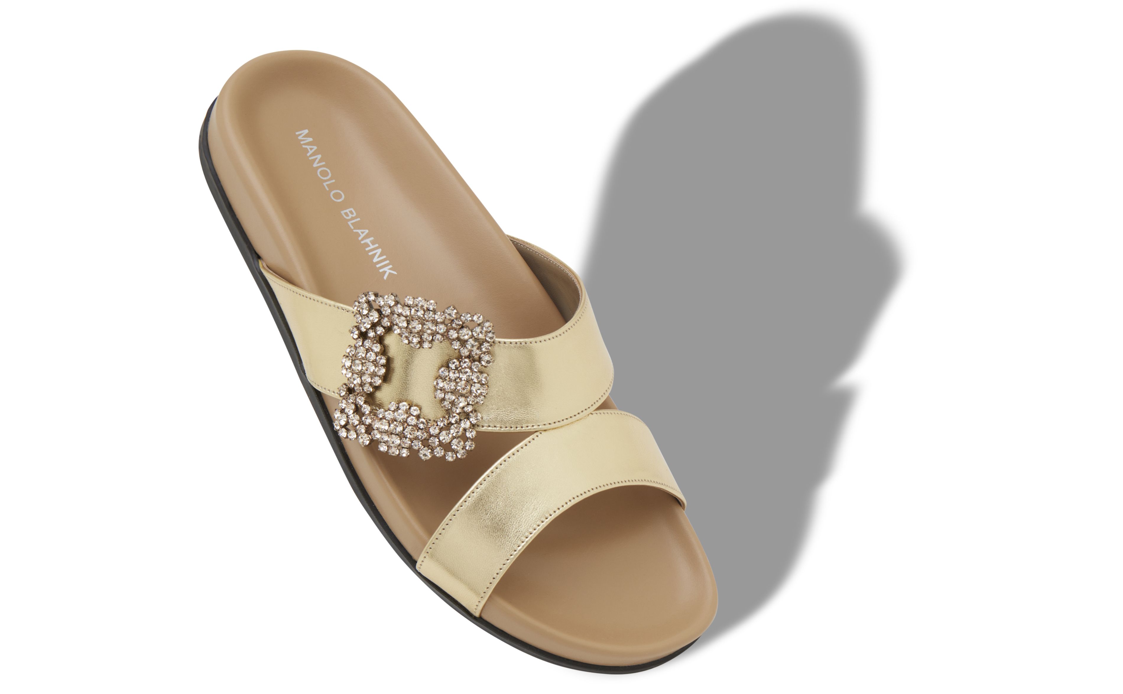 Designer Gold Nappa Leather Jewel Buckle Flat Mules - Image Main