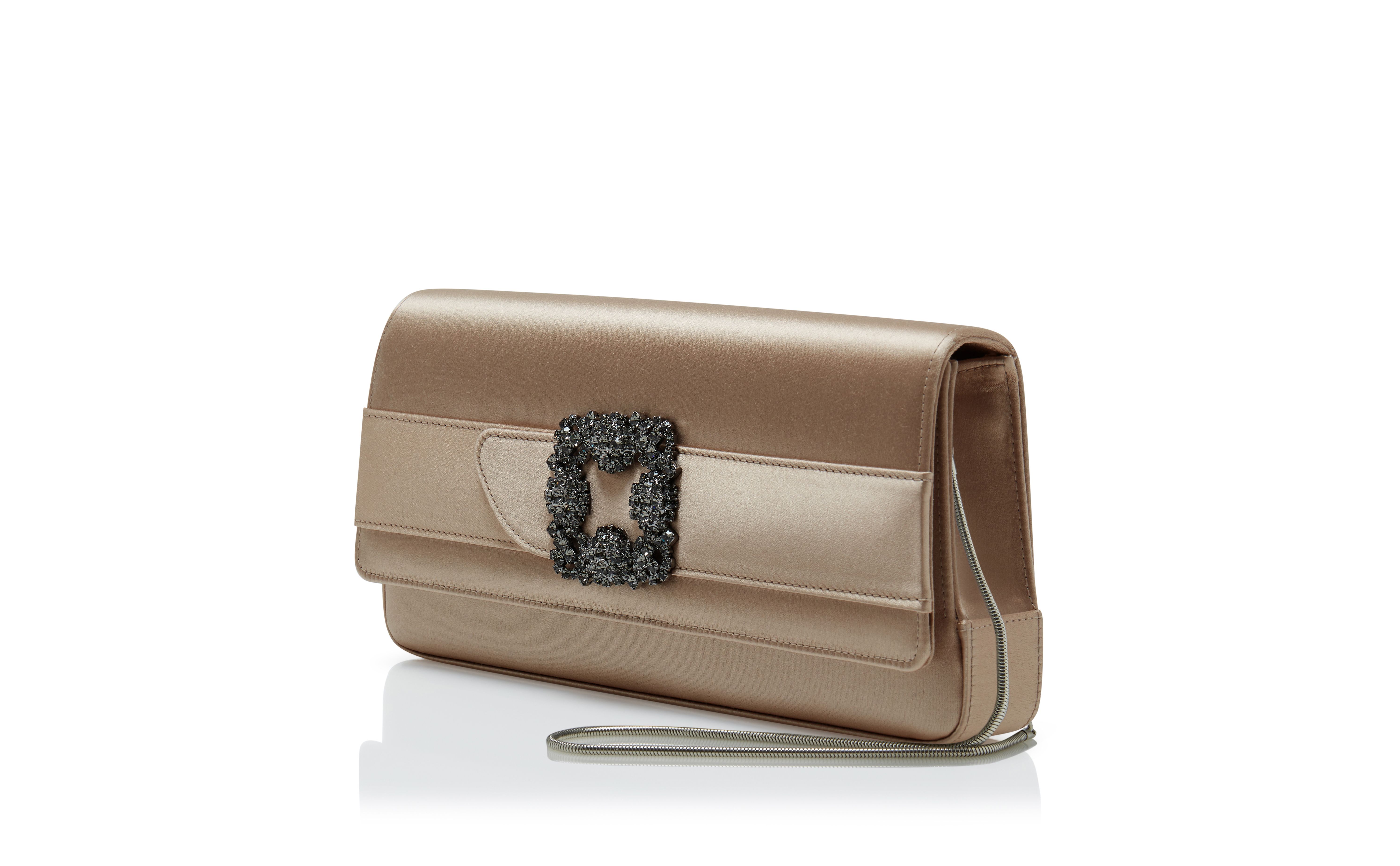 Designer Light Beige Satin Jewel Buckle Clutch - Image 