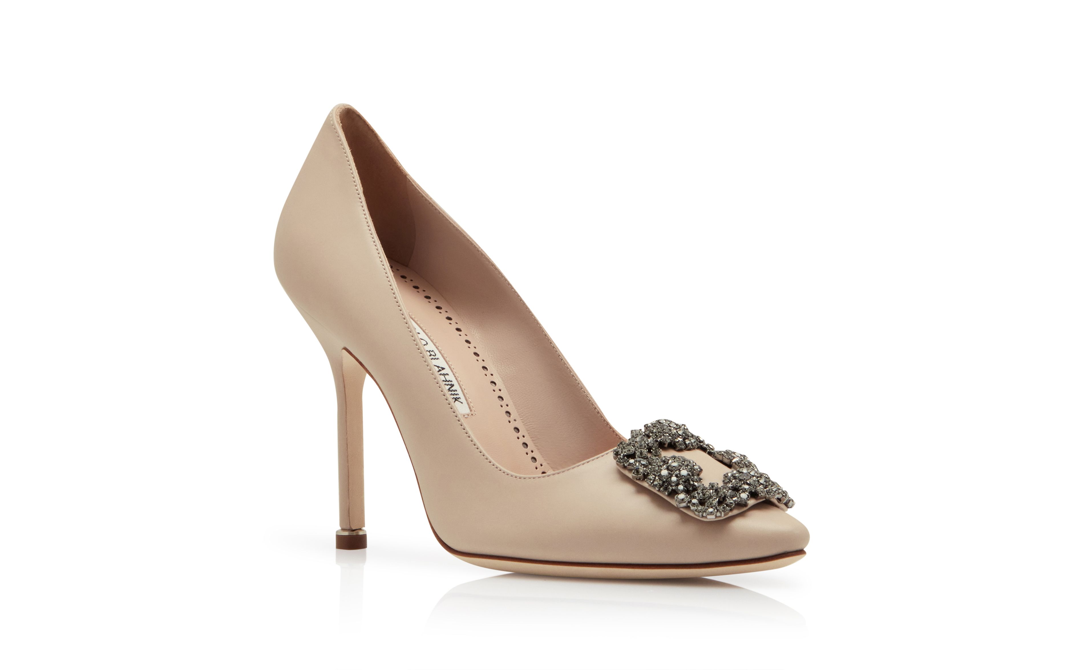 Designer Light Beige Calf Leather Jewel Buckle Pumps - Image Upsell