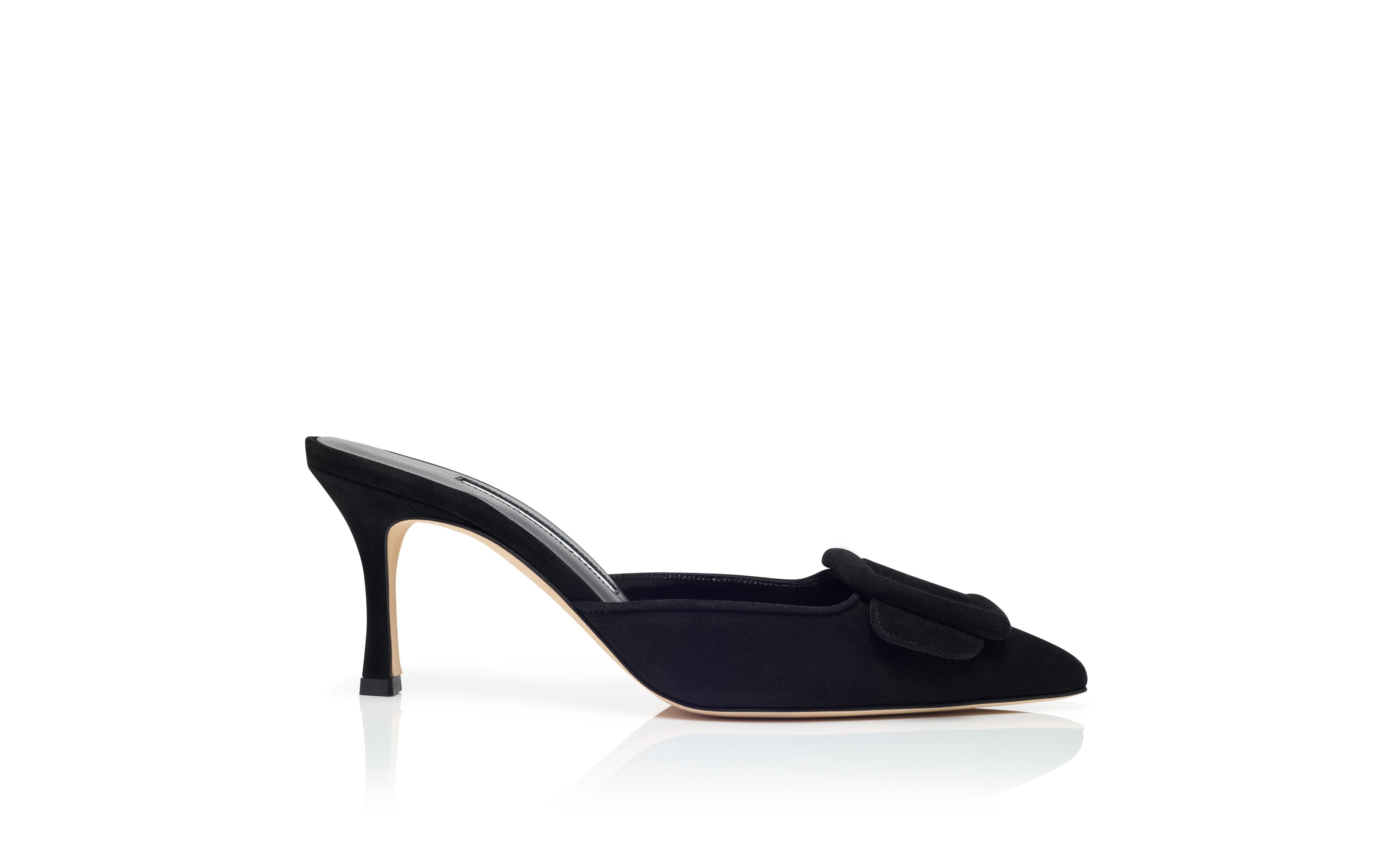 Designer Black Suede Buckle Mules - Image Side View