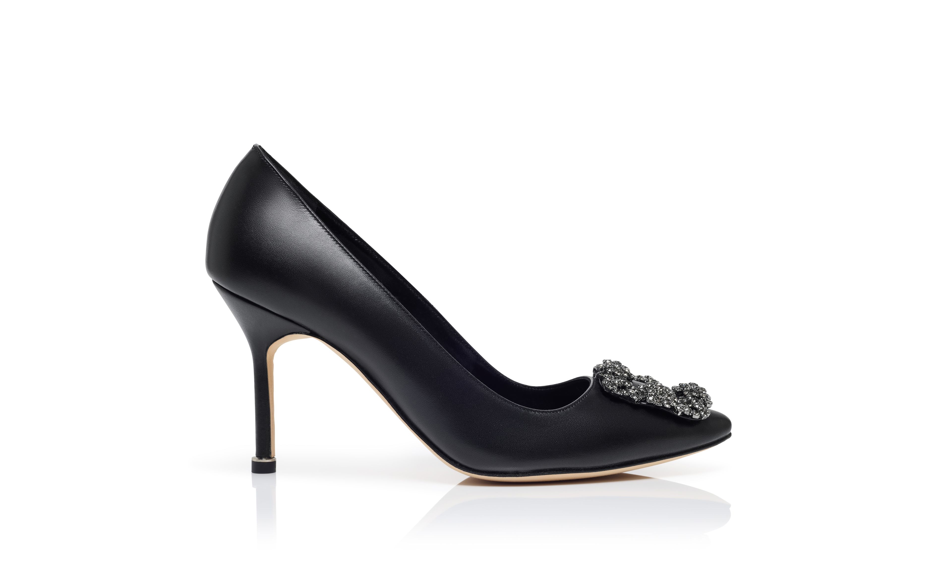 Designer Black Leather Jewel Buckle Pumps - Image Side View