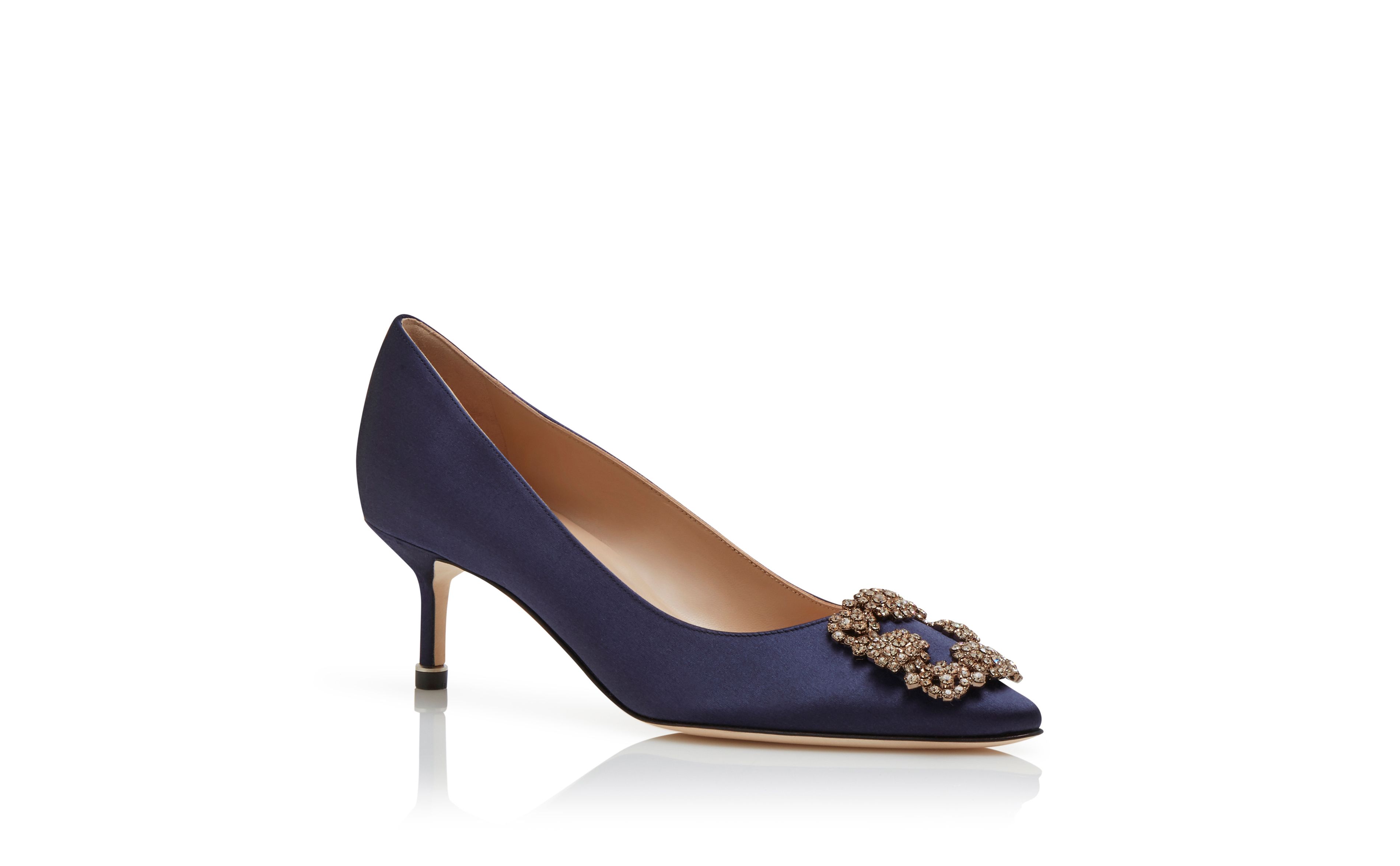 Designer Navy Blue Satin Jewel Buckle Pumps - Image Upsell