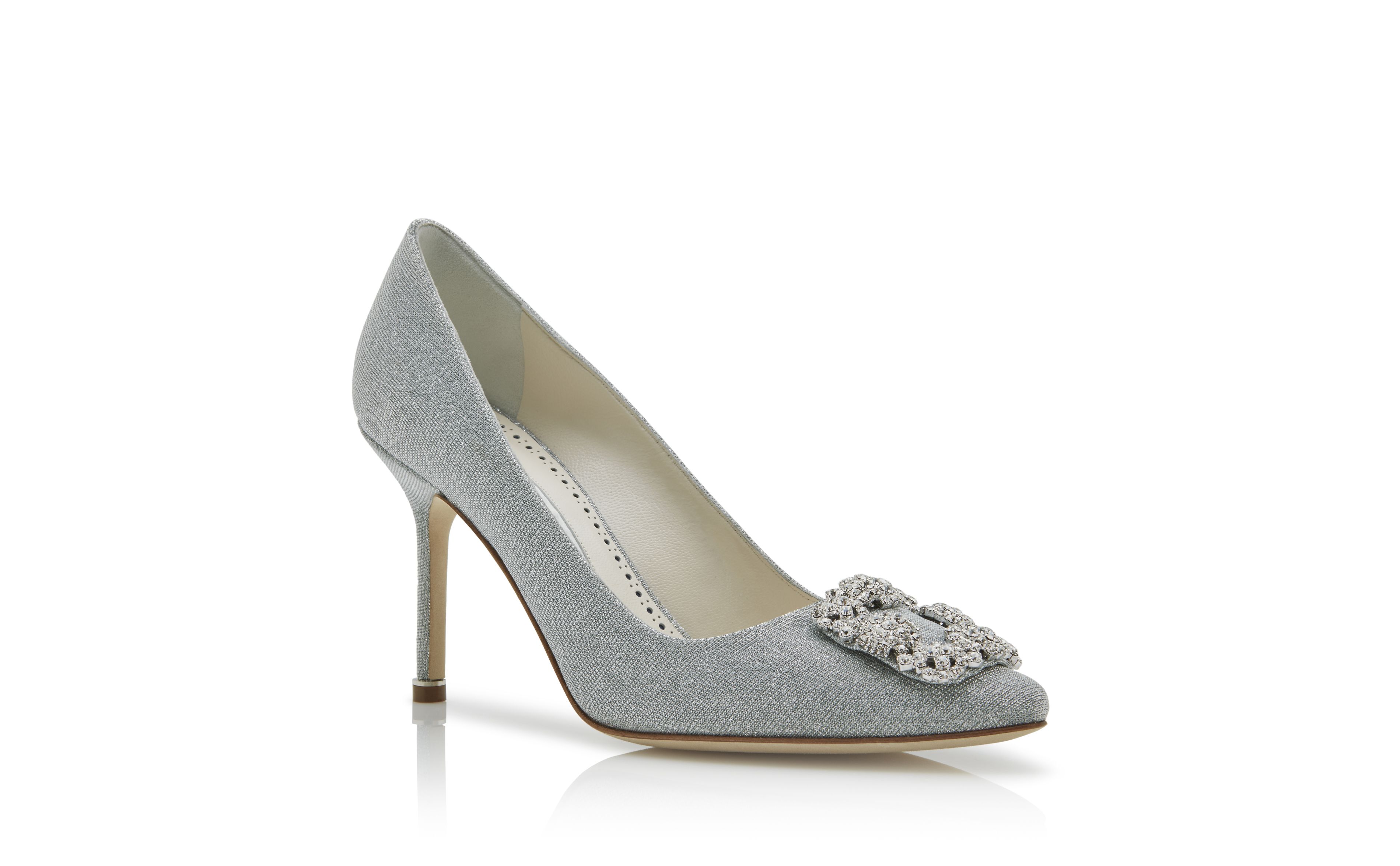 Designer Silver Glitter Fabric Jewel Buckle Pumps - Image Upsell