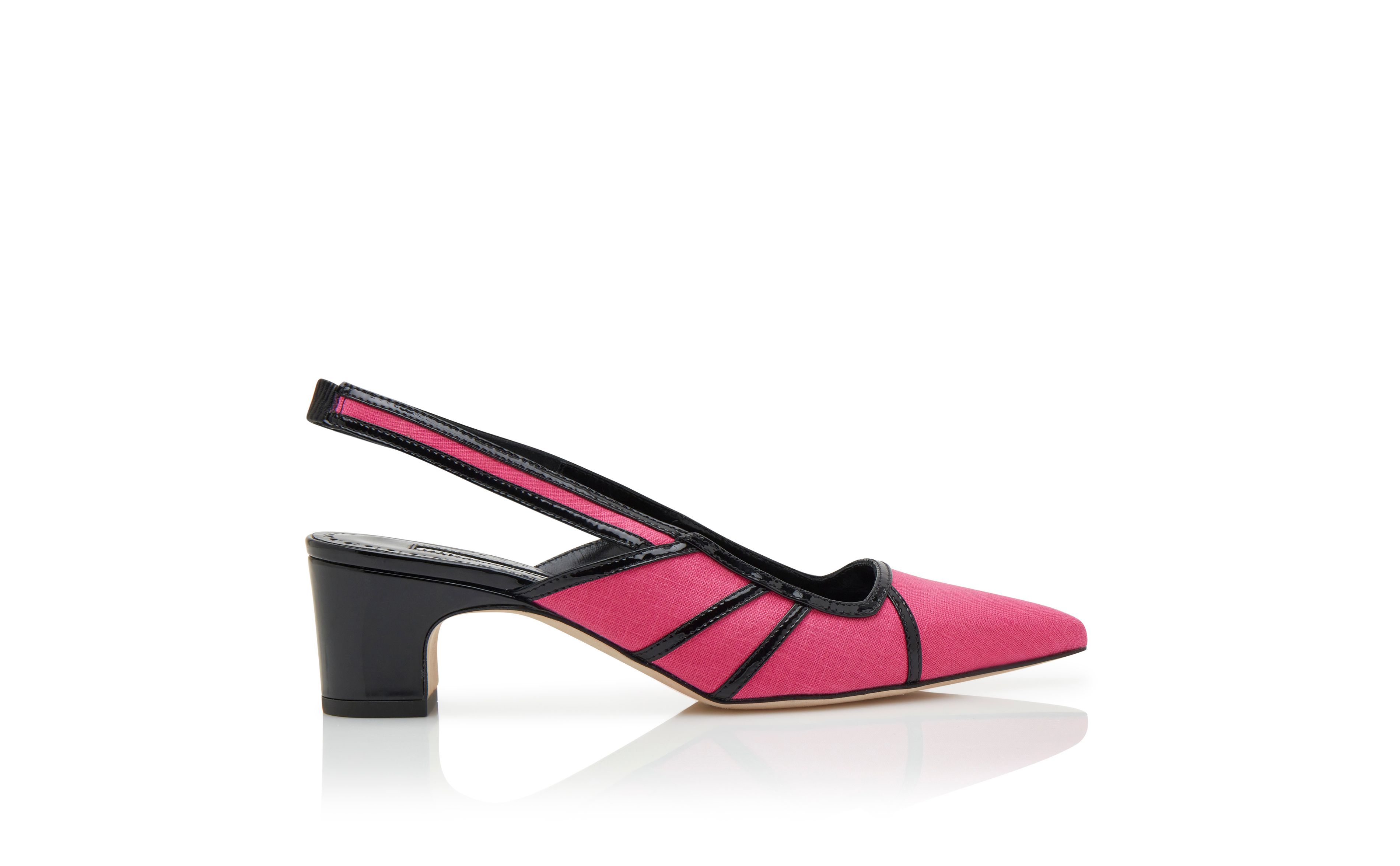 Designer Pink and Black Linen Geometric Slingback Pumps - Image Side View