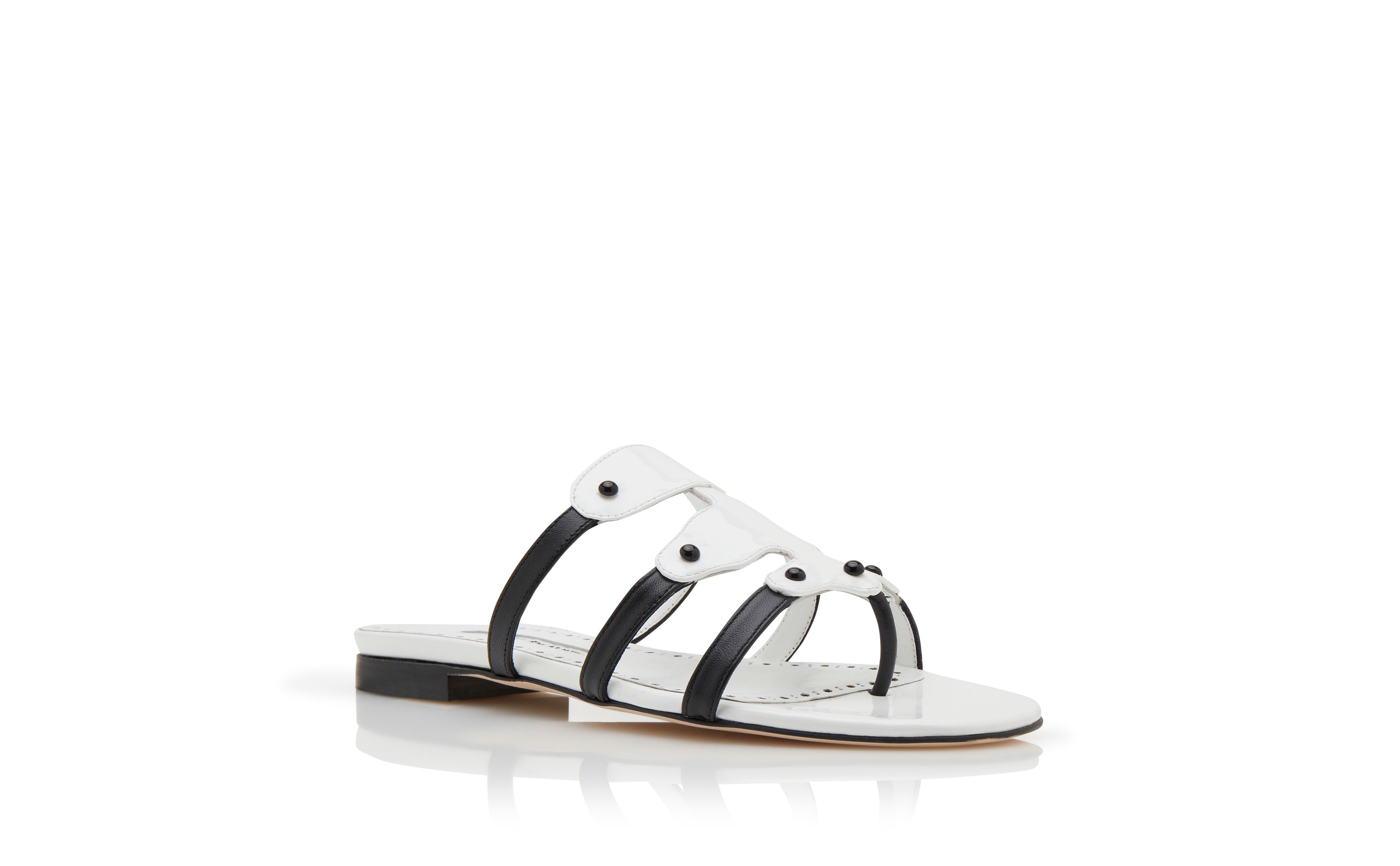 Designer White Patent Leather Flat Sandals  - Image Upsell