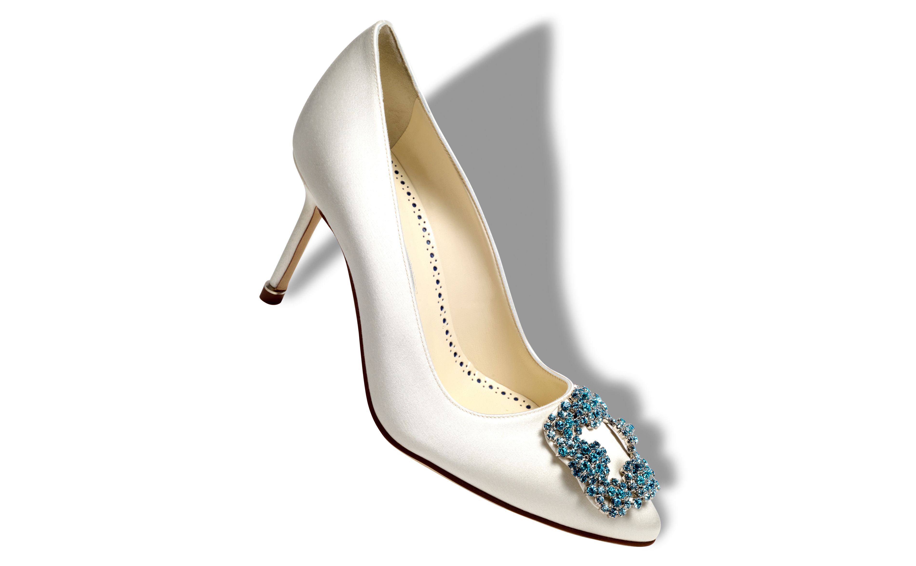 Designer White Satin Jewel Buckle Pumps - Image Main