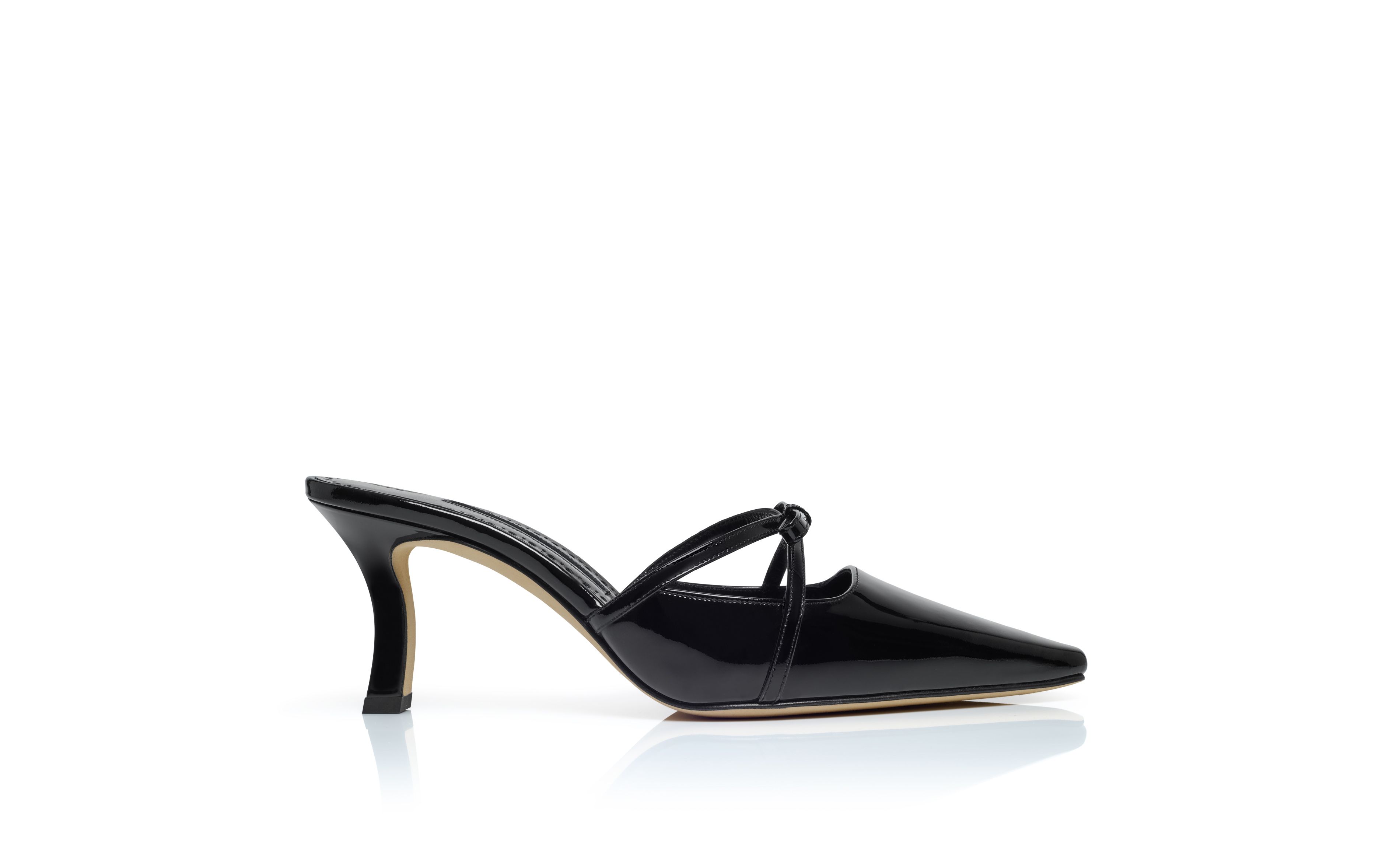 Designer Black Patent Leather Bow Detail Mules - Image Side View