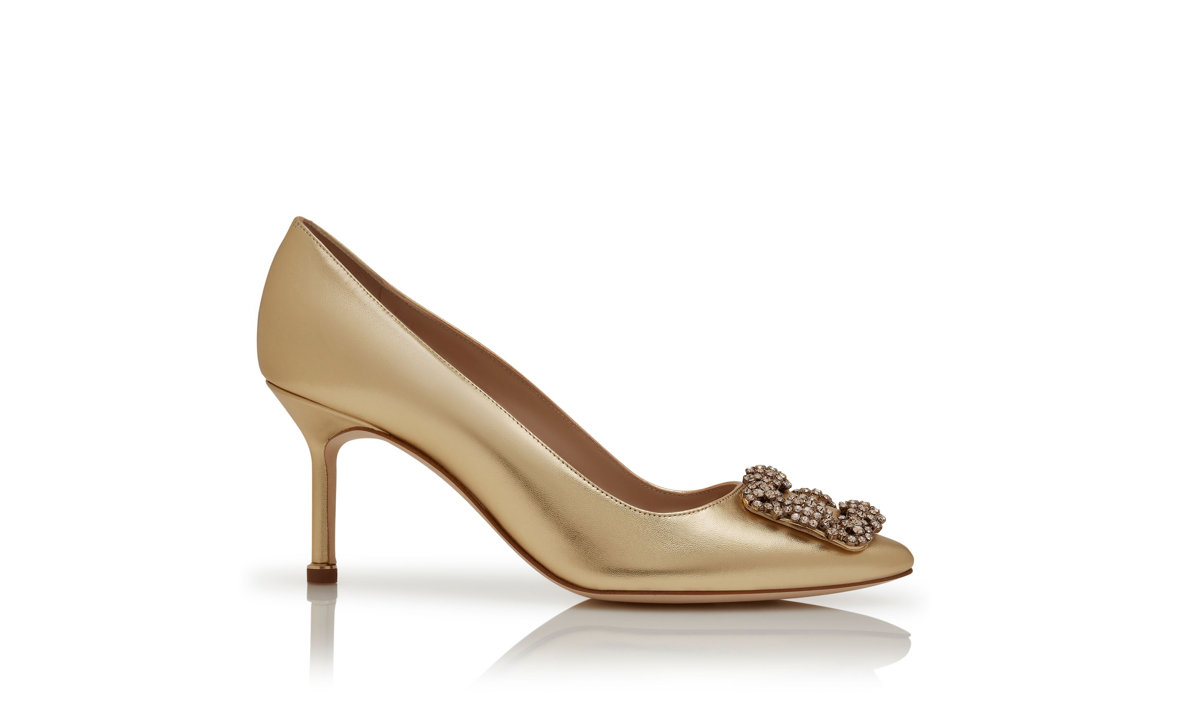 Designer Gold Nappa Leather Jewel Buckle Pumps
 - Image Side View