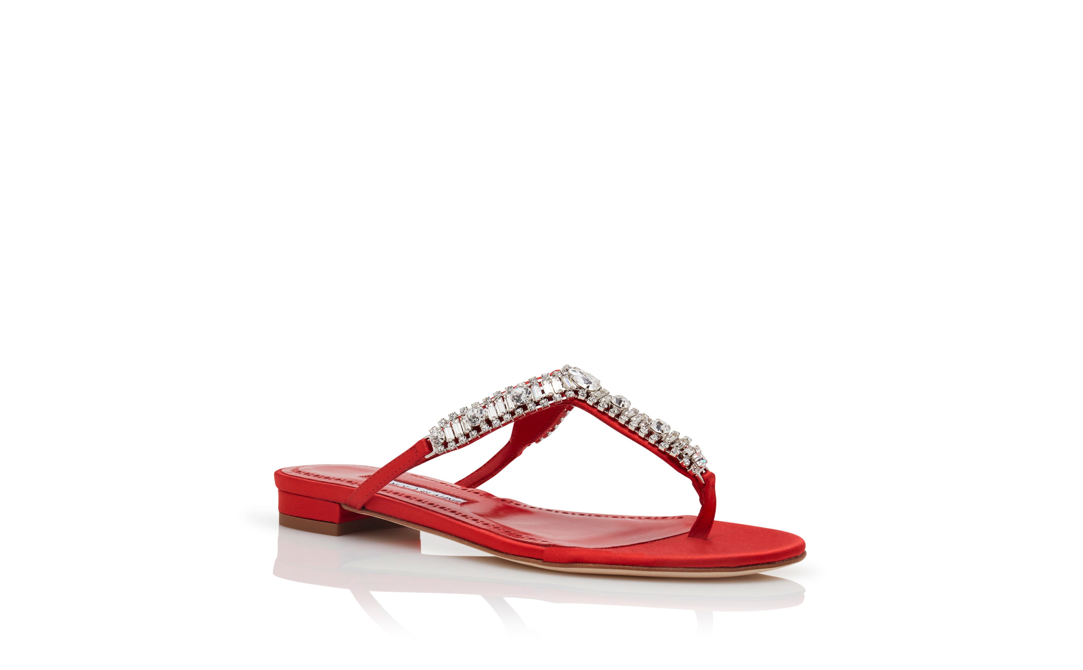 Designer Red Satin Jewel Embellished Flat Sandals - Image Upsell