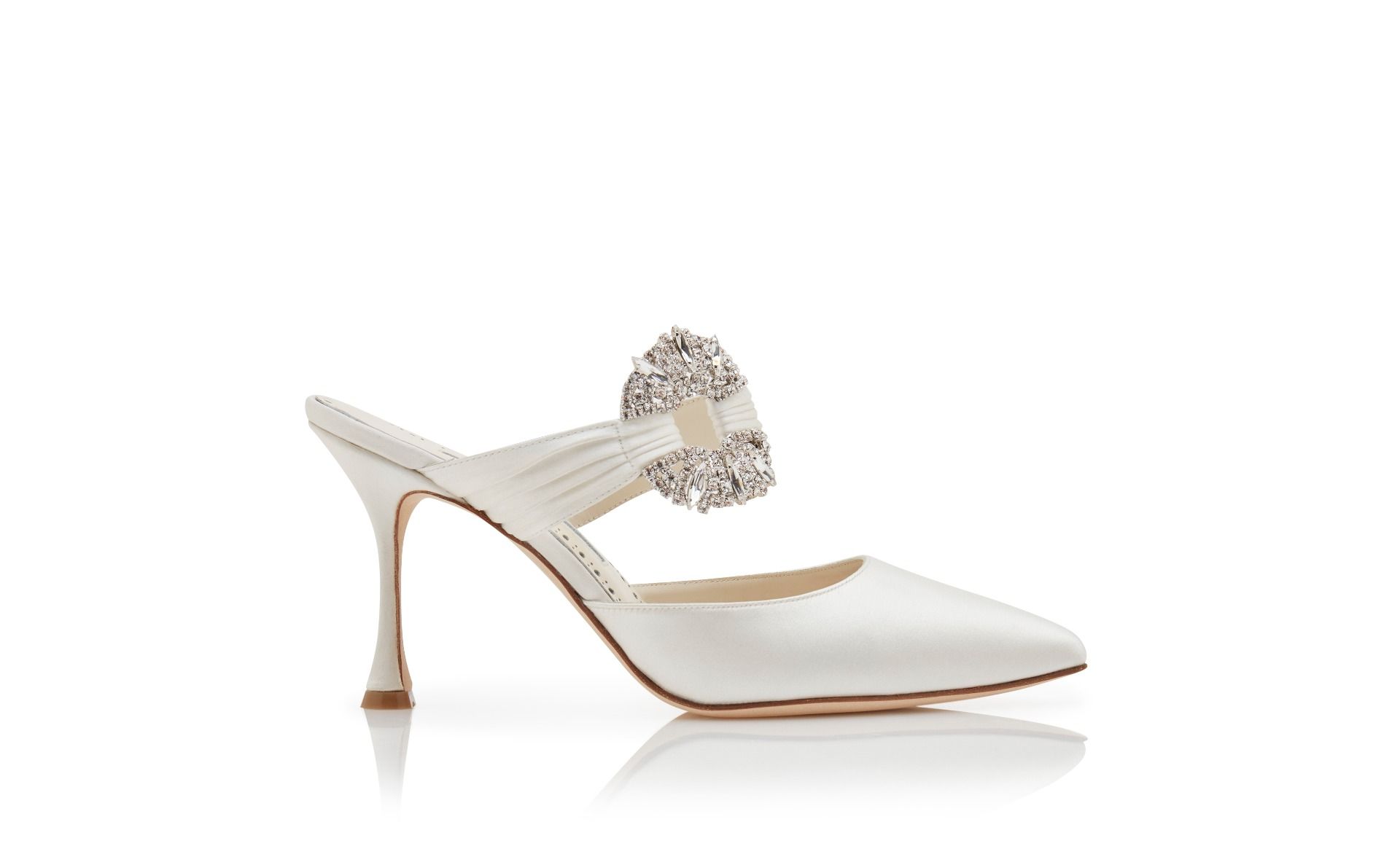Designer Cream Satin Embellished Buckle Mules - Image Side View