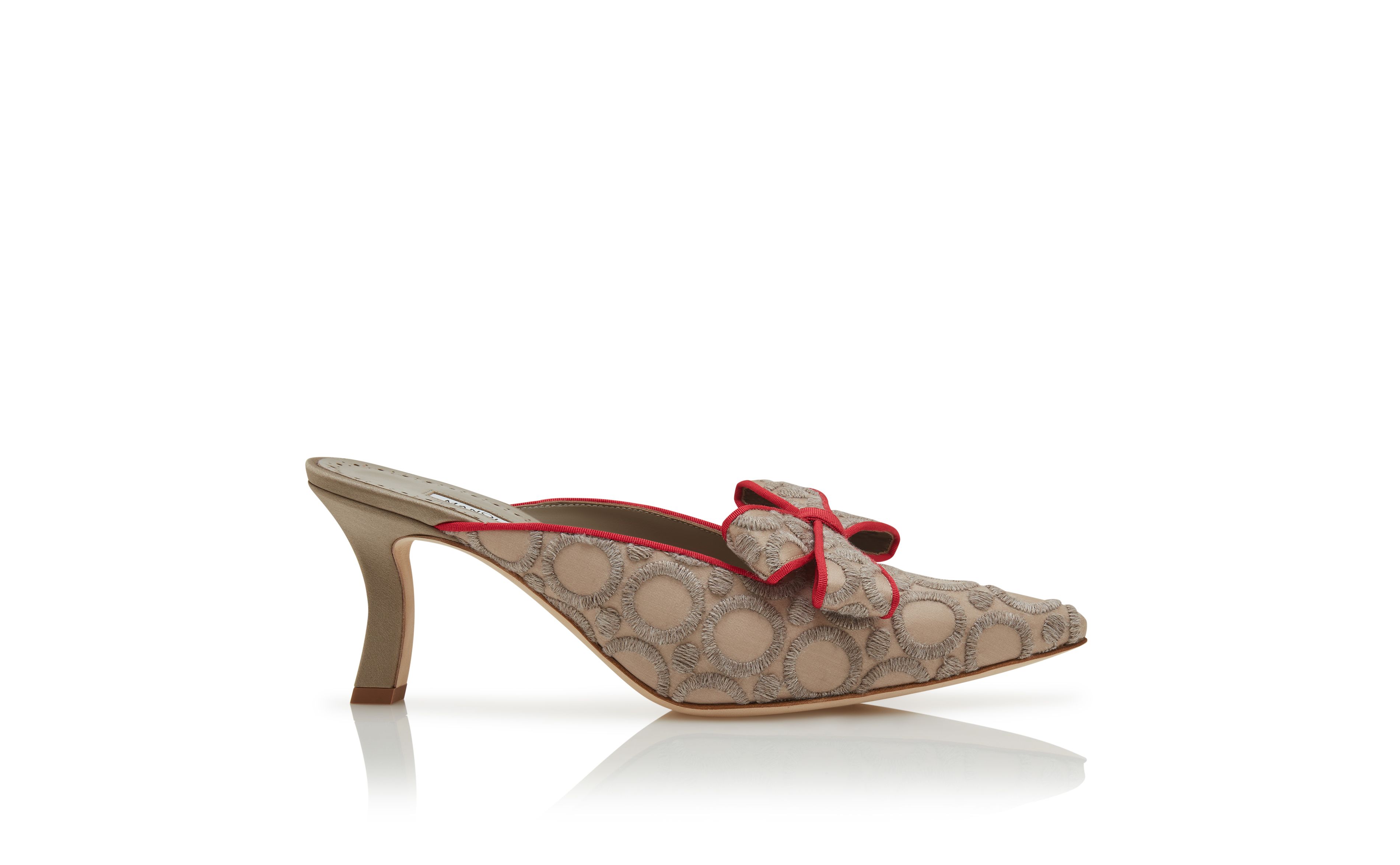 Designer Grey and Red Silk Pointed Toe Mules - Image Side View