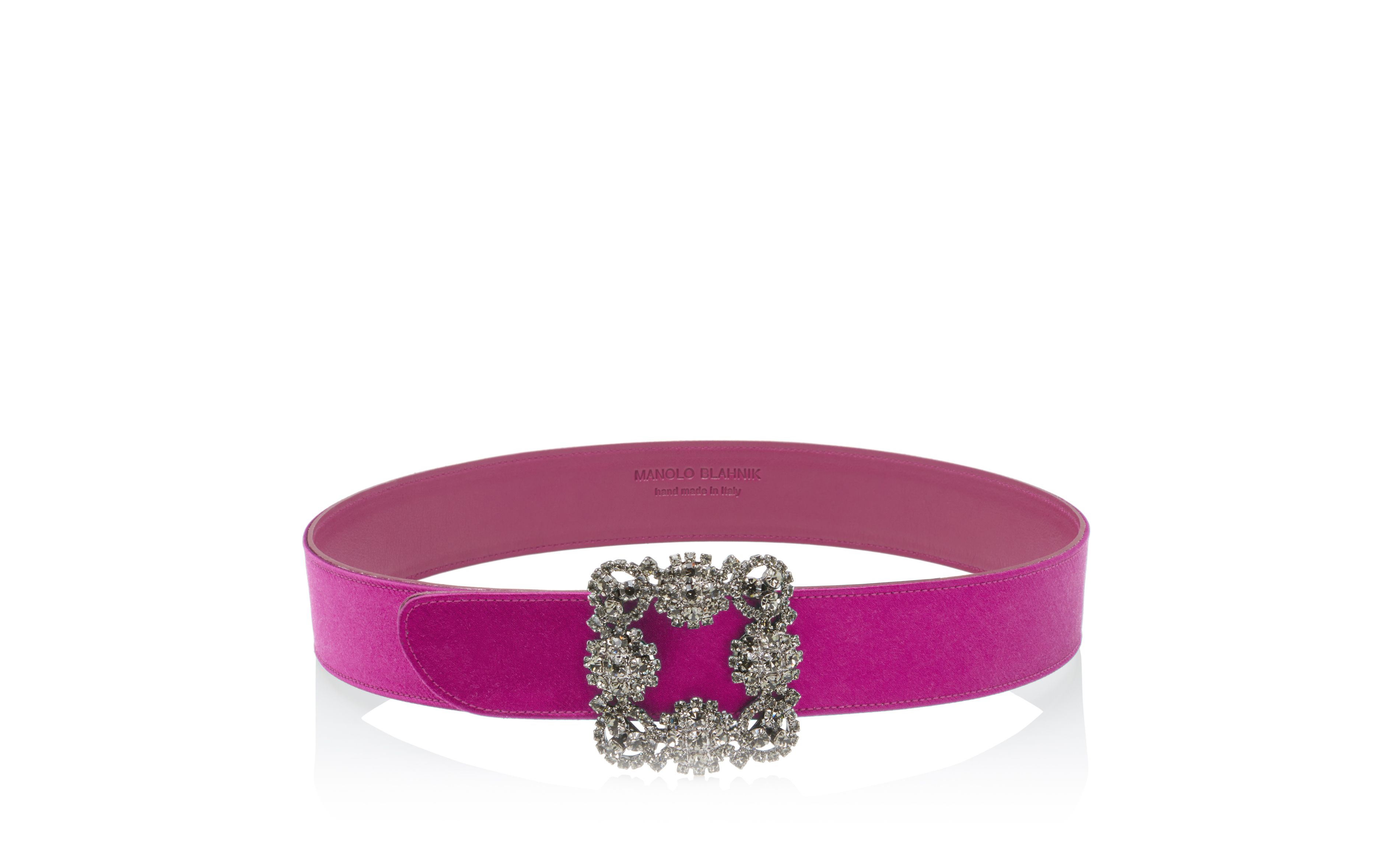 Designer Fuchsia Satin Crystal Buckled Belt - Image Side View